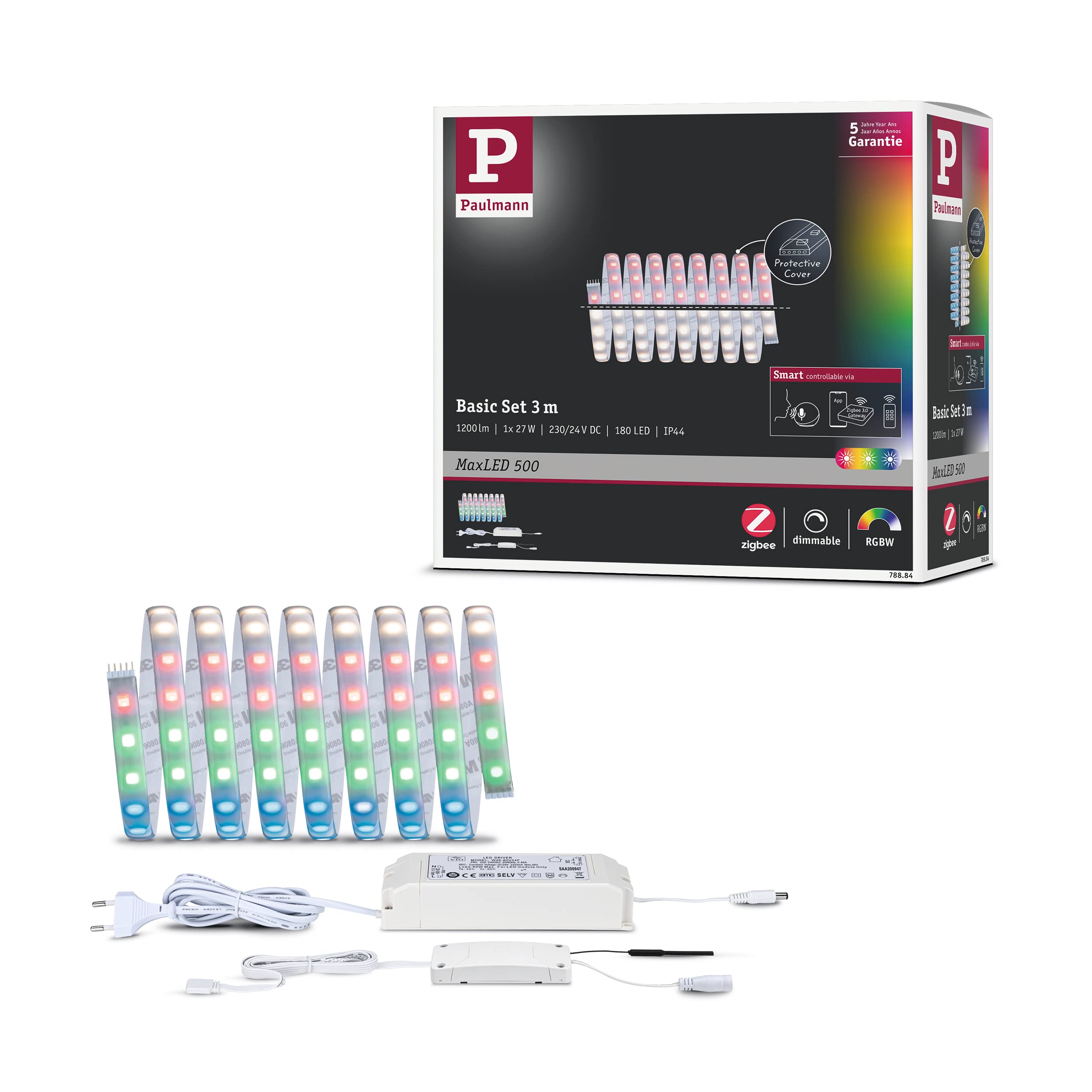 Paulmann 78884 LED Stripe MaxLED 500 Basisset Smart Home Zigbee IP44 3m incl. 1x23 W dimmbar RGBW Farbsteuerung Silber Kunststoff Lichtstreifen 3000 K