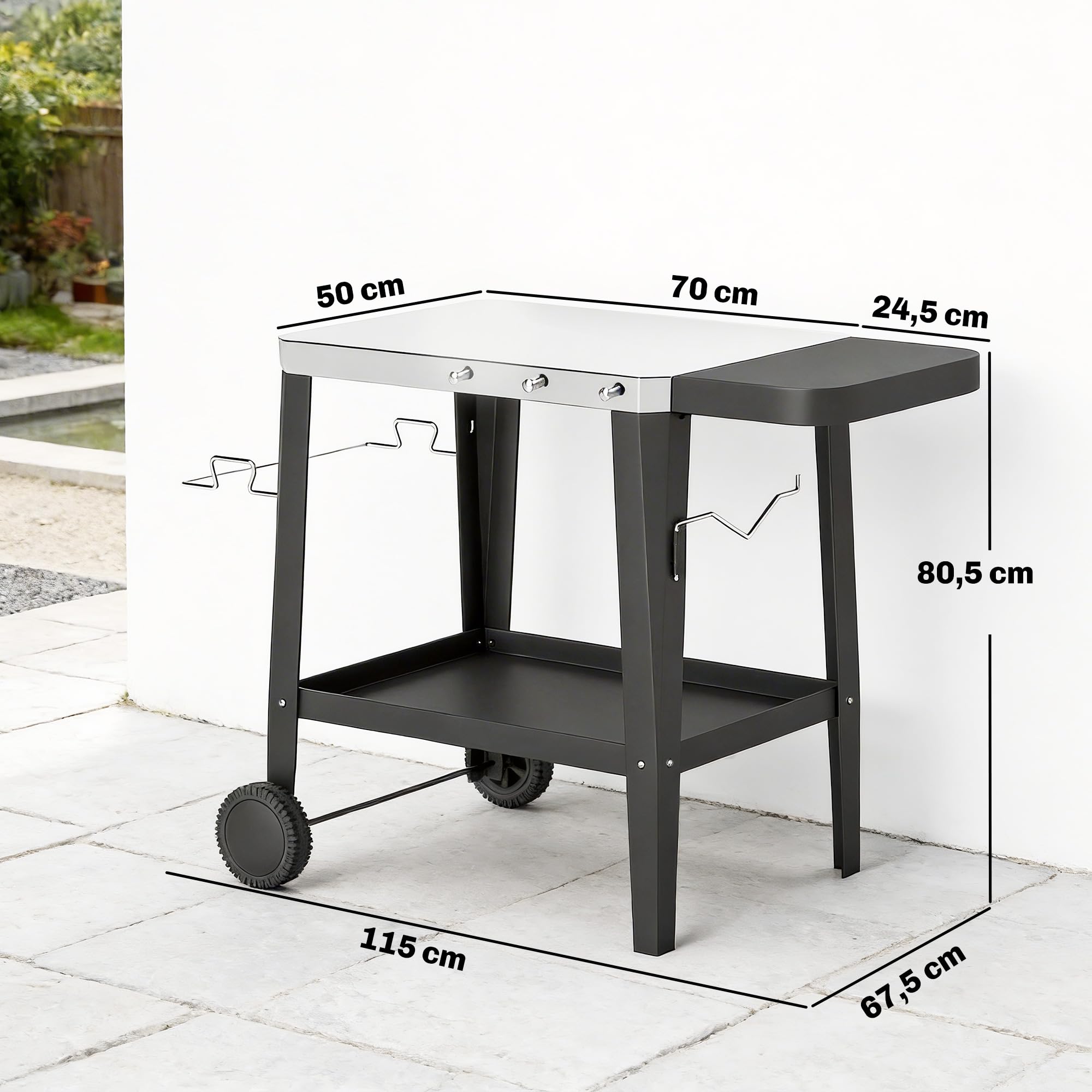 Outsunny Küchenwagen mit Rollen, Servierwagen, Rollwagen mit Haken, Papierrollenhalter, Müllsackständer, Küchenhilfe, BBQ Grilltisch aus Edelstahl Küchentrolley, 115 x 67,5 x 80,5 cm Schwarz