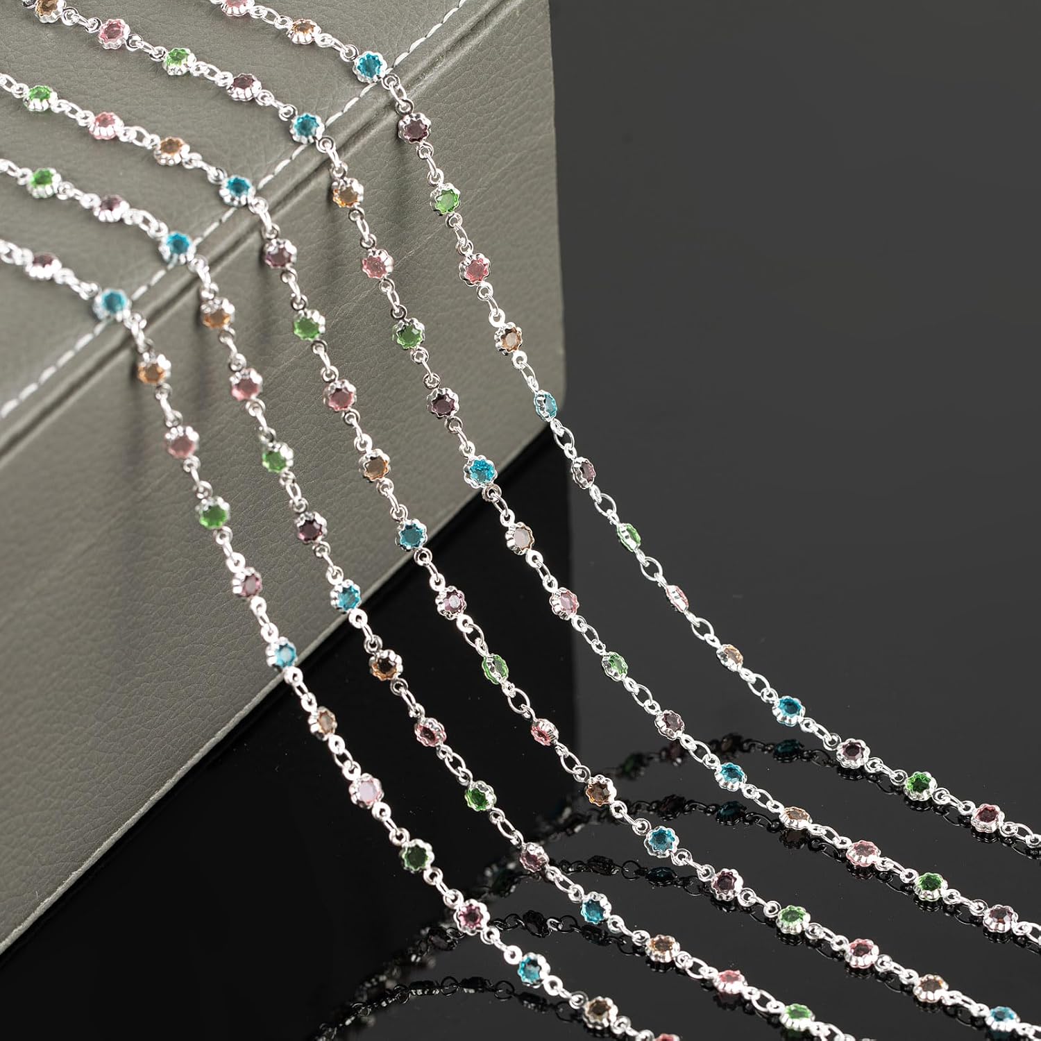 YOUBEIYEE 3 Yard Colorful Rhinestone Jewelry Chain for Jewelry Making Silver Plated Brass Chains Bulk with Jump Rings and Lobster Clasps - Image 4