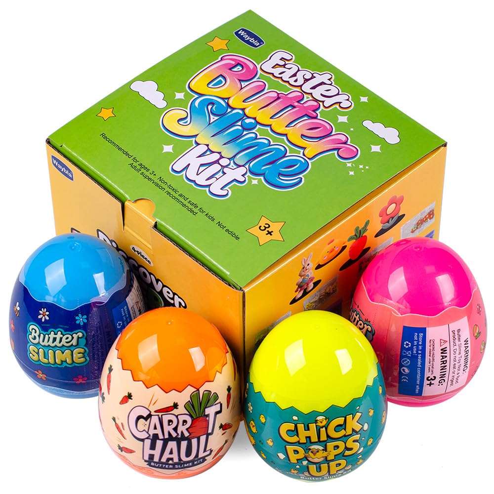 Waybla Easter Basket Stuffers for Kids – 4-Pack Butter Slime in Plastic Eggs, Easter Clay Slices, and Figurines – Sensory Toy for Easter Egg Hunts, Prefilled Easter Eggs, Easter Basket Fillers