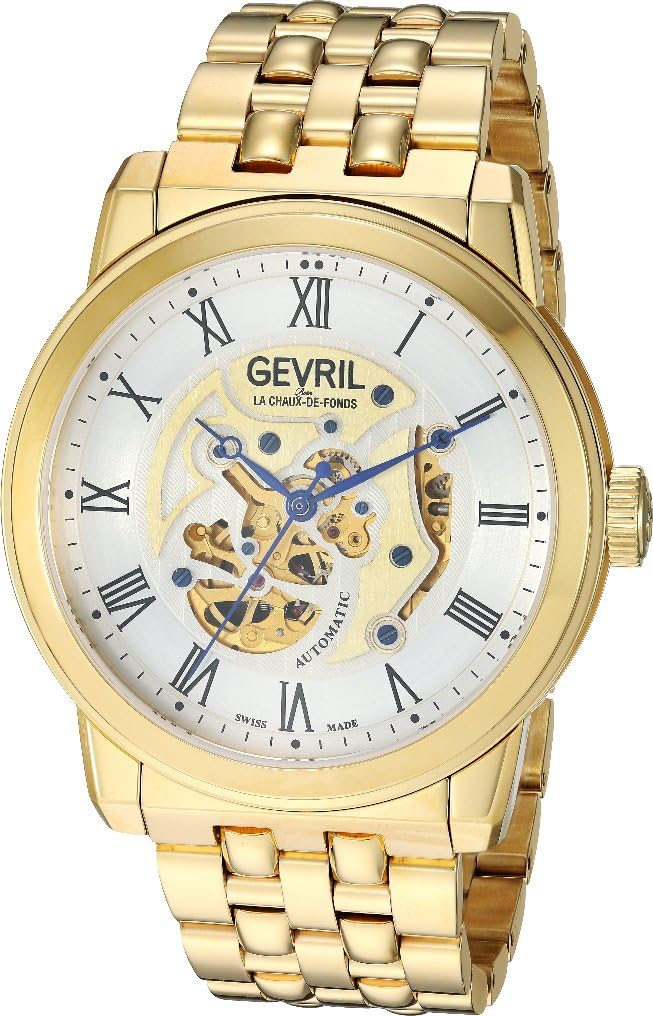 Gevril Vanderbilt Mens Swiss Automatic Skeleton Movement Gold Tone Stainless Steel Bracelet Watch, (Model: 2692)