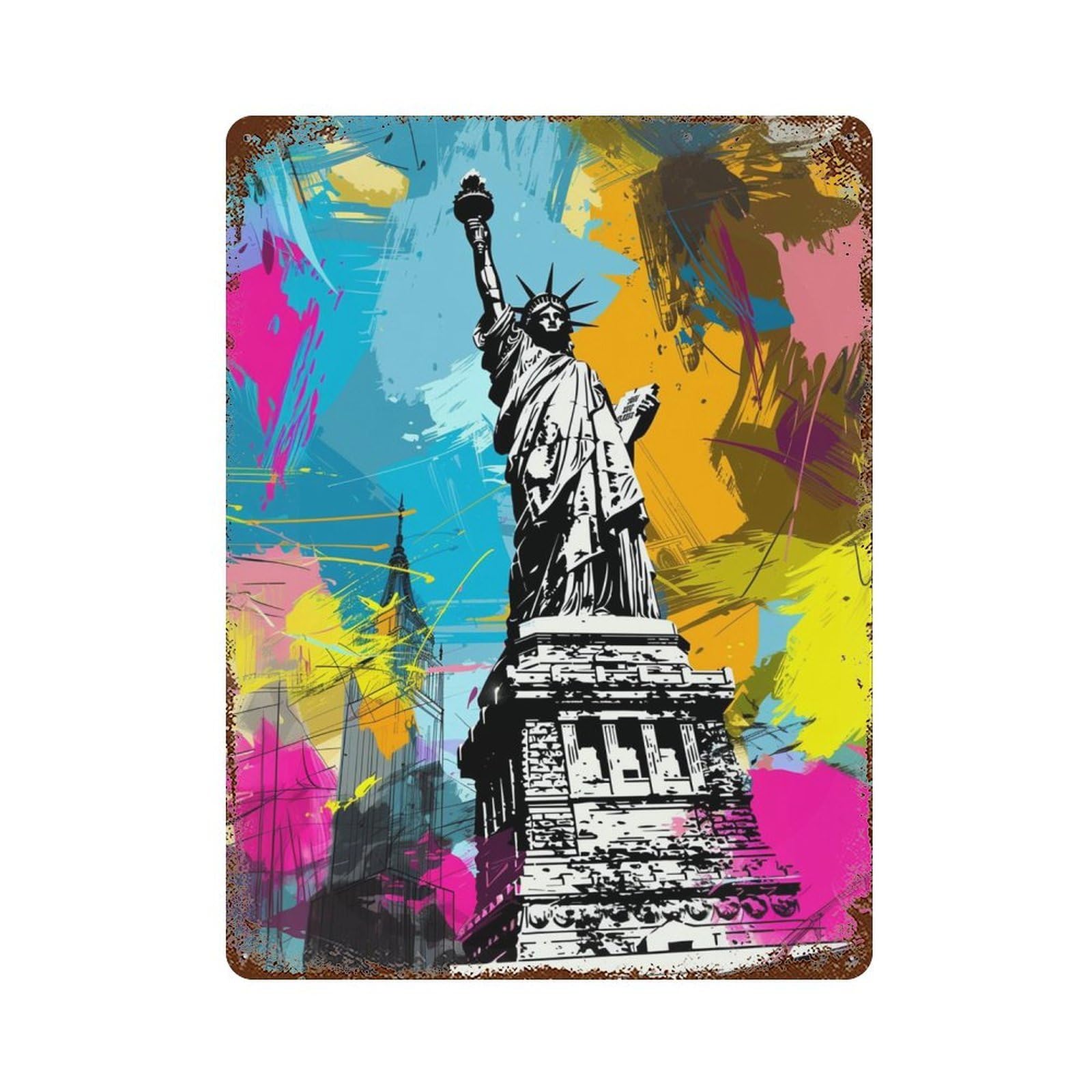 Weathered Tin Sign Statue of Liberty Art Print 15.7"x11.8", Rustic Home Decor for Bistro, Counter And Cafe Decor