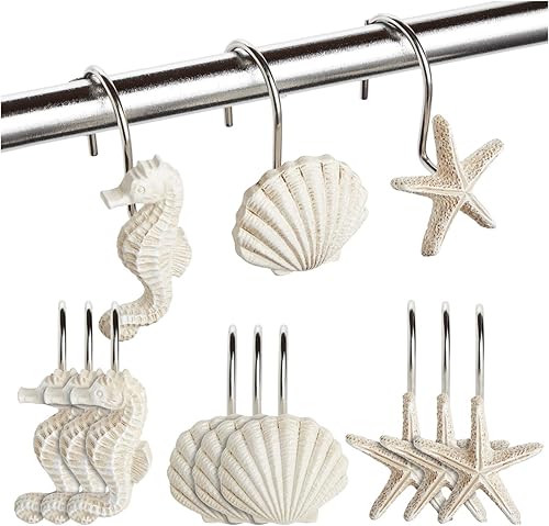 Paquete de 12 ganchos para cortina de ducha de playa, diseño decorativo con temática de océano con caballitos de mar, estrellas de mar y conchas