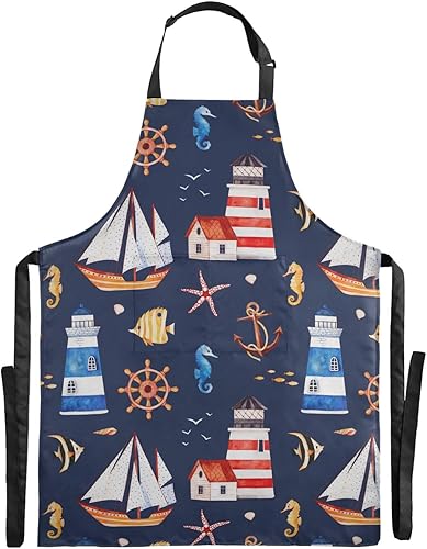 Delantales de faros de ancla de mar para mujeres y hombres con bolsillos, delantal de cocina impermeable, delantal de cocina suave para jardinería