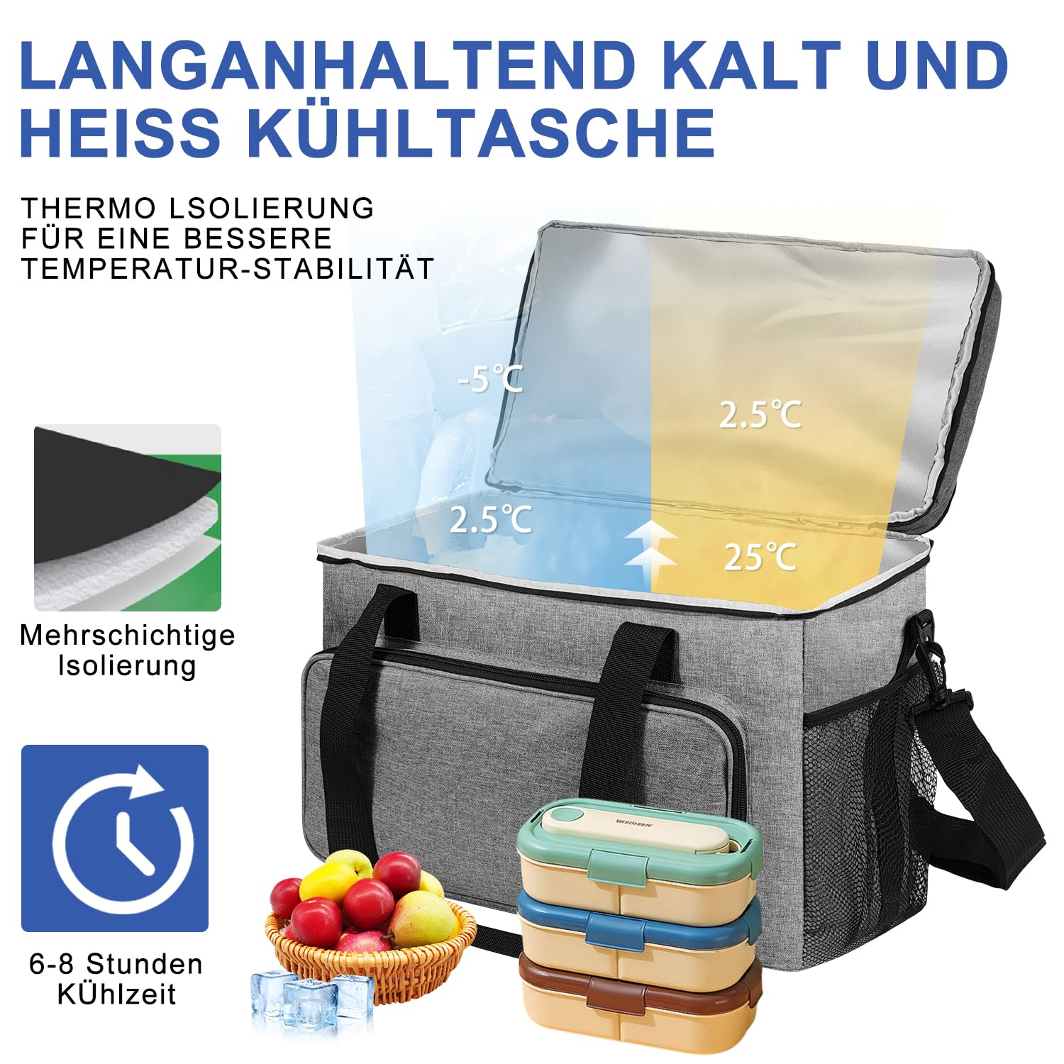 25L Kühltasche Faltbar für Essen & Getränke-Lsolierte Tasche, Auslaufsicher & Wasserdicht-Strand Picknick Lunchbag, Thermotasche für Essen Transport, Arbeiten & Einkaufen, Grau