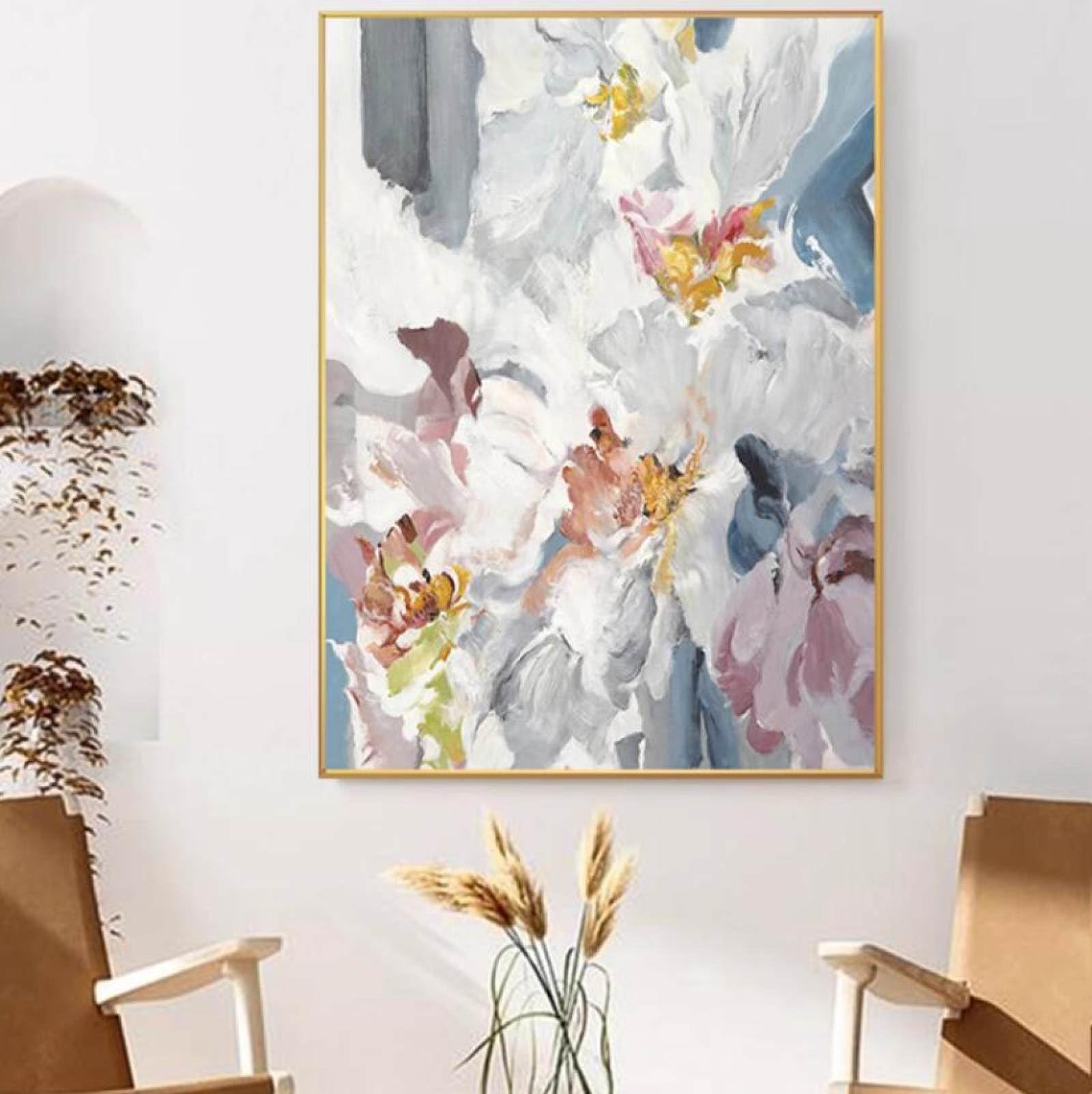 Peinture abstraite de fleur faite main, tableau sur toile pour intérieur chaleureux