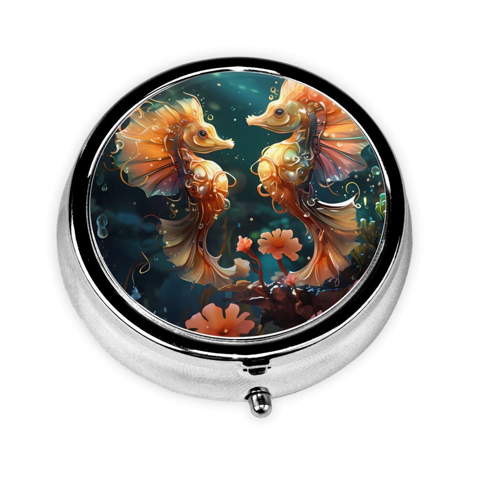 Cute 3-Compartments Round Pill Box Beautiful Seahorse Couple Small Pill Case Portable Medicine Dispenser,for Pocket Purse