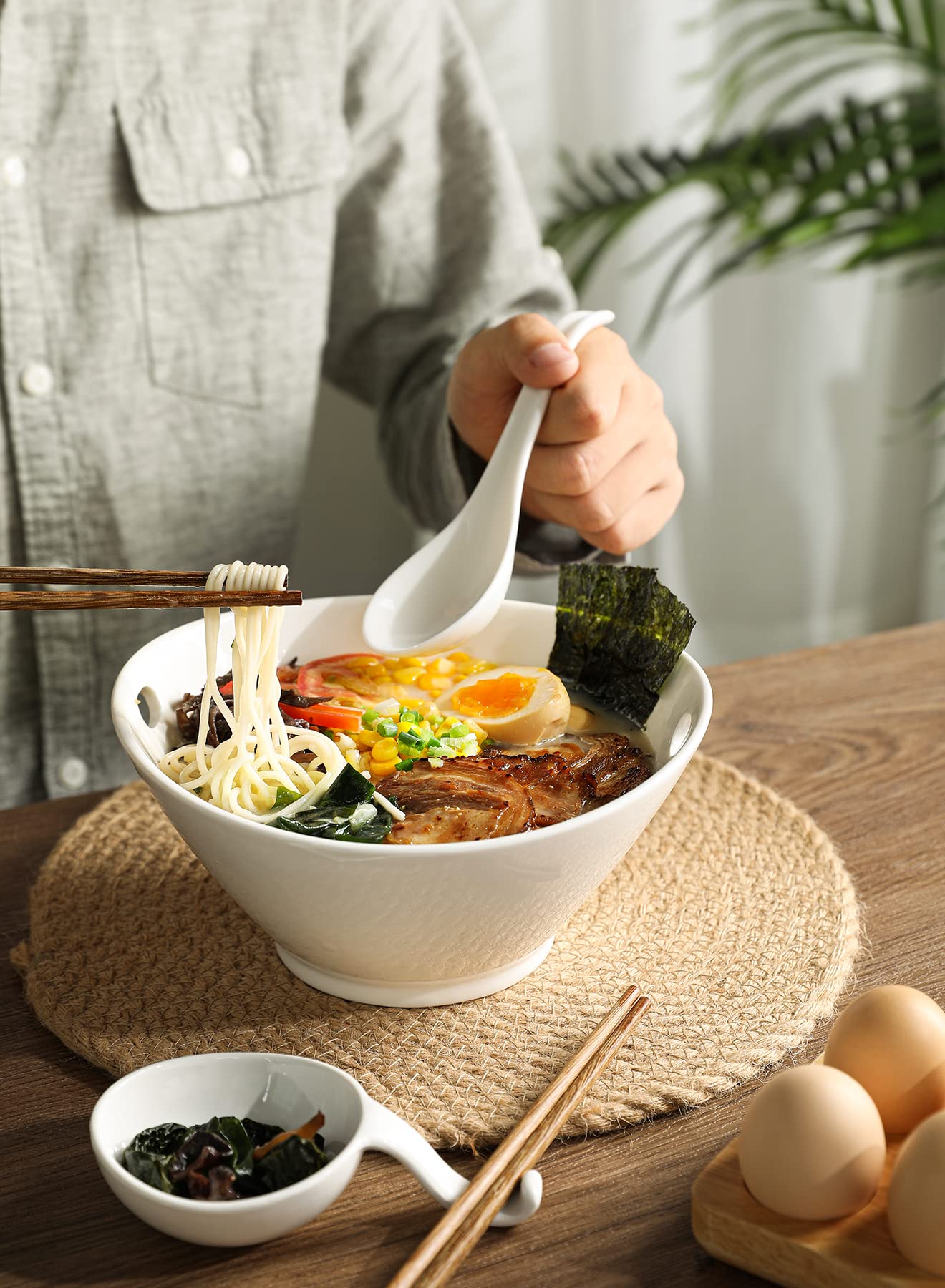 Conjunto Tigelas Ramen Japonês HENXFEN - 2 Tigelas Com Pauzinhos E Colheres