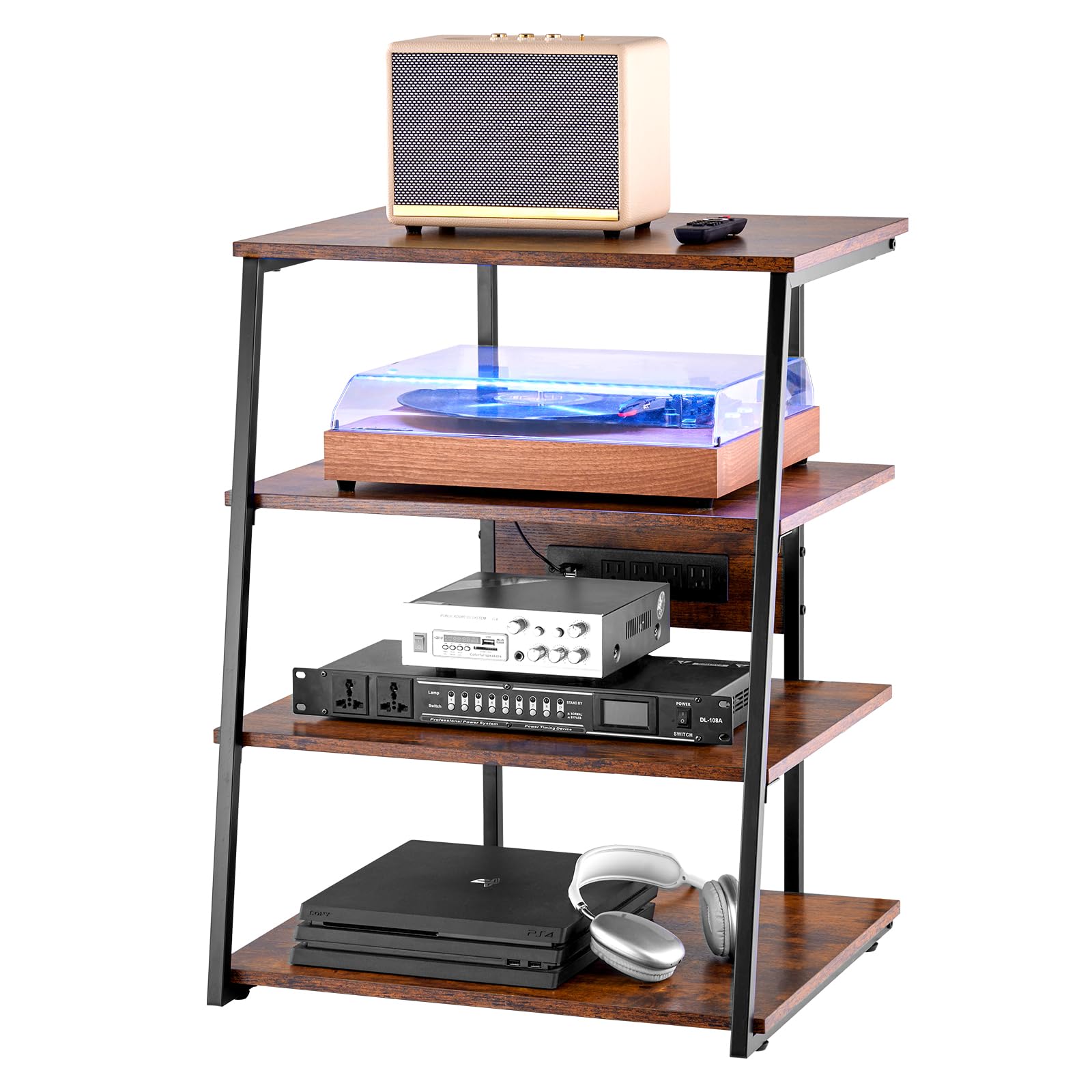 VEVOR Meuble Audio Visuel 4 Niveaux, Étagère Multimédia en Bois, Support TV d'Angle avec Multiprises et LED, Réglable en Hauteur, pour Lecteurs DVD/​Décodeurs de Câbles/​Consoles de Jeux, Marron