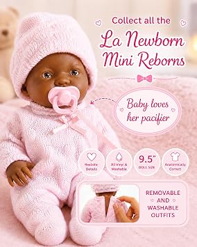 JC Toys Mini La Newborn African American | Anatomically Correct Real Girl Baby Doll | 9.5 All-Vinyl | Includes Pink Outfit, Hat and Pacifier | Designed by Berenguer | Ages 2+