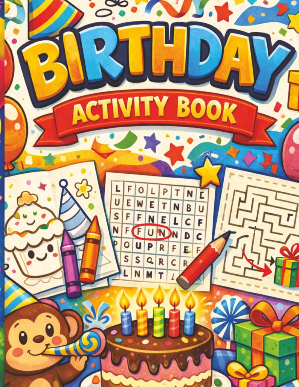 Birthday Activity Book For Kids: Fun Coloring Pages, Wordsearches, Mazes And More