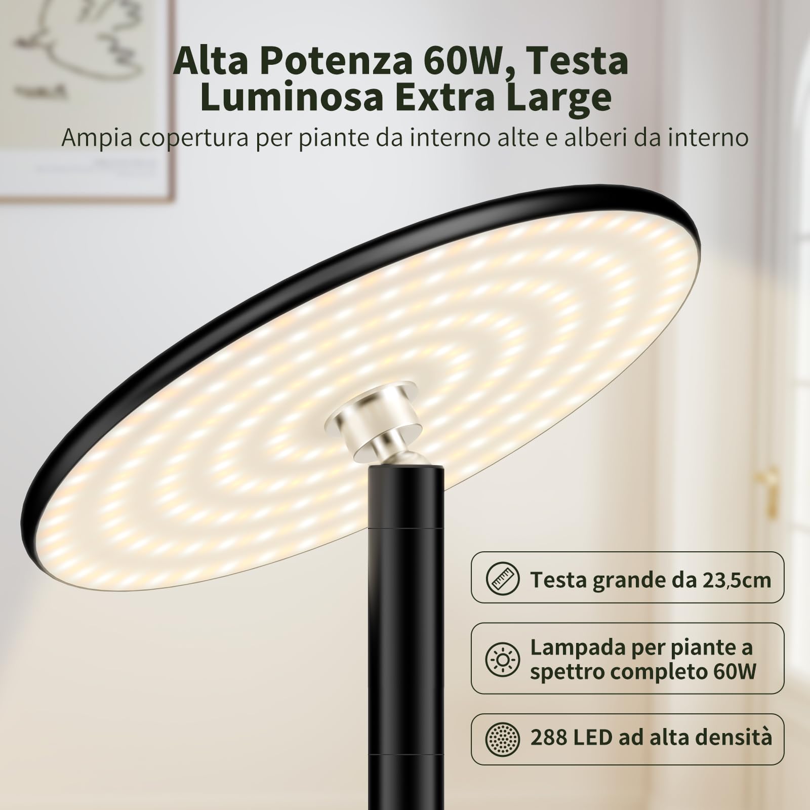 Lampada per Piante da Interno LED 60W a Spettro Completo, Luce per Piante Regolabile 56–216 cm, 10 Temperature 2300K–6500K, Timer 4/8/12H, Dimmerabile, Telecomando