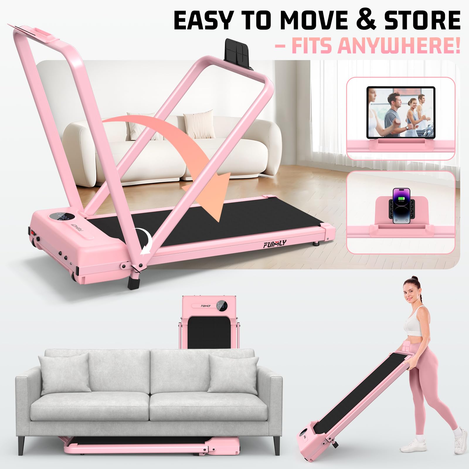 FUNMILY Upgrade Walking Pad Folding Treadmill with 12%/15% & Handle Bar, 3.5HP Foldable Under Desk Compact Treadmills for Home/Office/Gym, 400+lb Capacity, Shock Absorption: Hot Pink