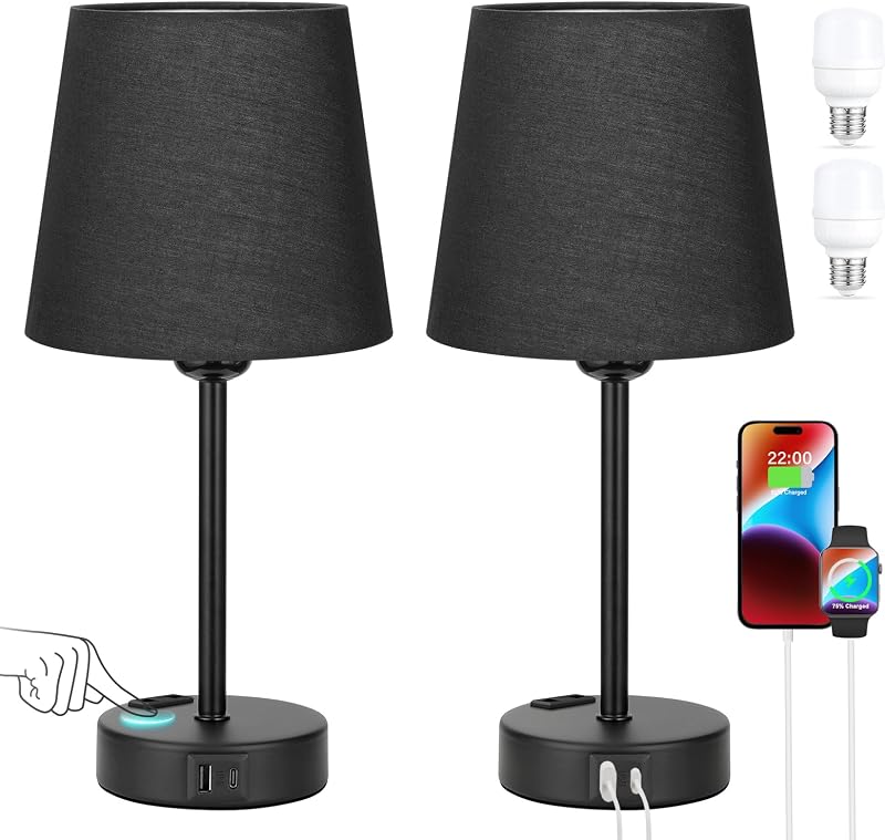 Kakanuo érintésérzékeny asztali lámpa szett 2db USB töltéssel, dimmer funkcióval, fekete