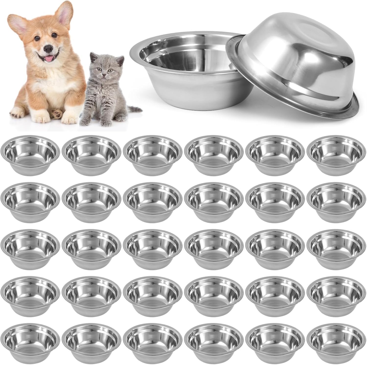 Lot de 30 gamelles for Chien en Acier Inoxydable, récipient de Nourriture et d'eau en Vrac en métal, 13 x 4,6 cm, Bol de Nourriture sèche et Humide for Petits Chiens et Chats, Passe au Lave-Vaisselle