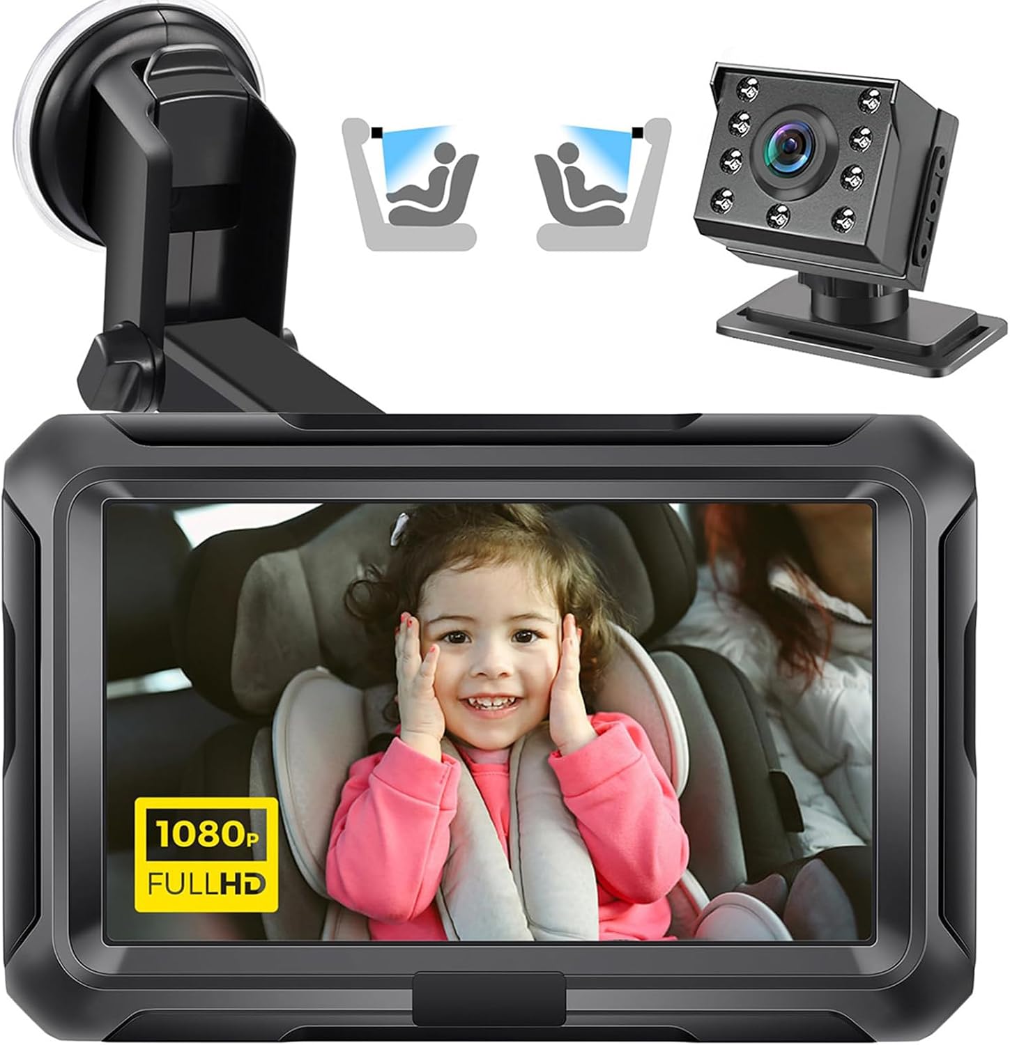 Generic Baby Car Camera, 4.3" 1080P Baby Car Mirror, Night Vision & 360 Rotation Rear Facing Wide View Camera with USB Powered, Ideal for Infant Safety (Rear Facing with 8 Lights)
