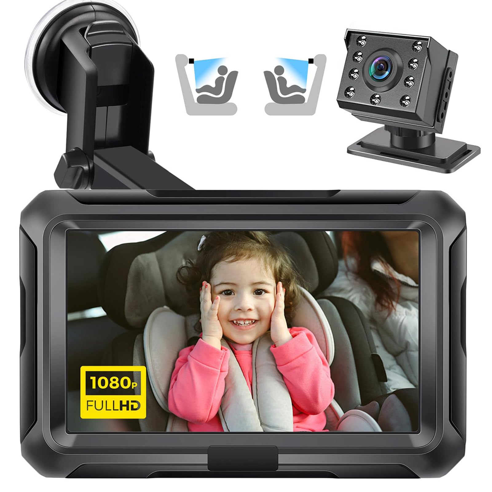 Generic Kamera Samochodowa dla Dziecka Noktowizor Monitor 1080P Obrót o 360° dla Bezpieczeństwa Noworodka, Wtyczka USB (Kamera tylna z 8 światłami)