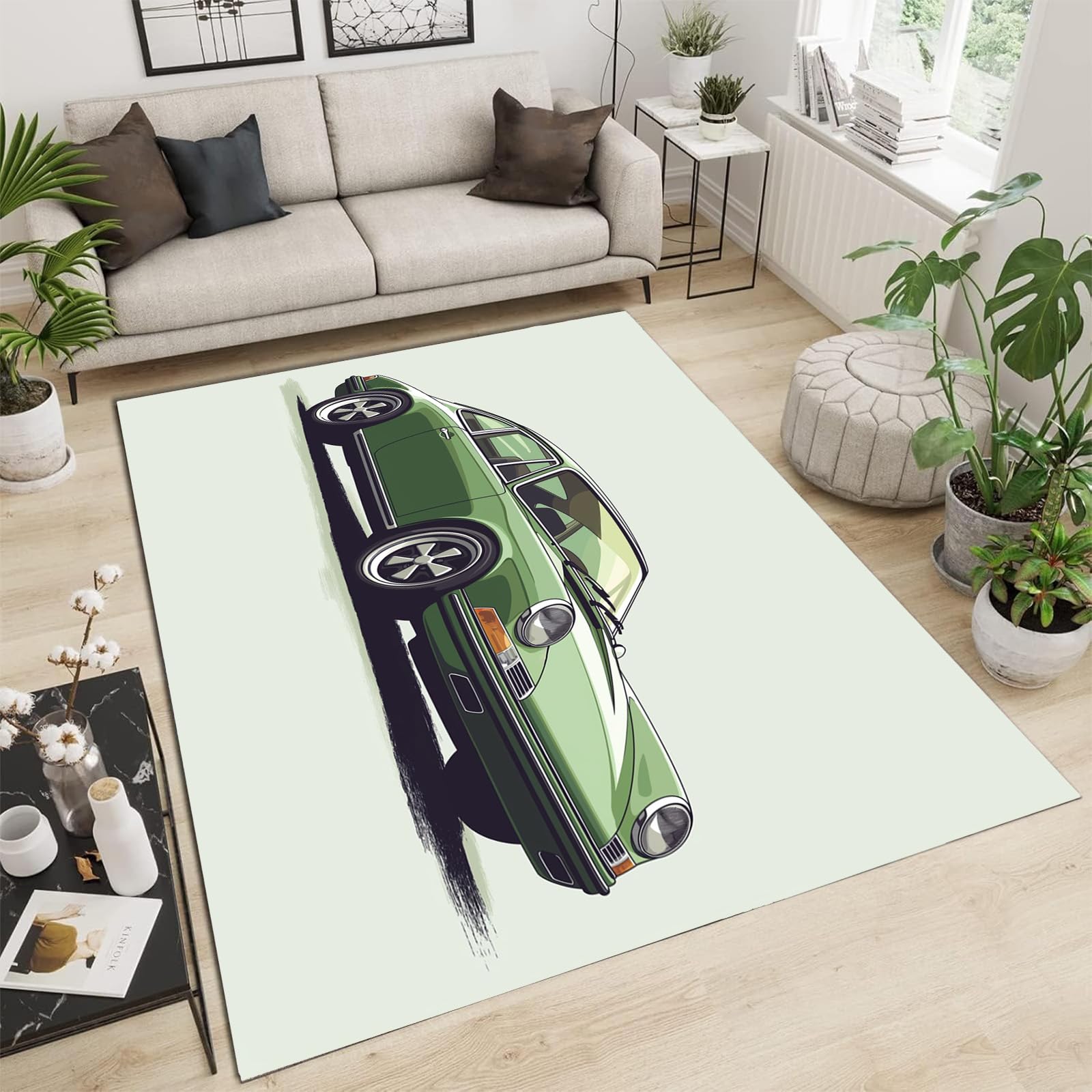 Tapis poils ras 90x150cm moderne antidérapant avec voiture verte de dessin animé pour chambre enfant