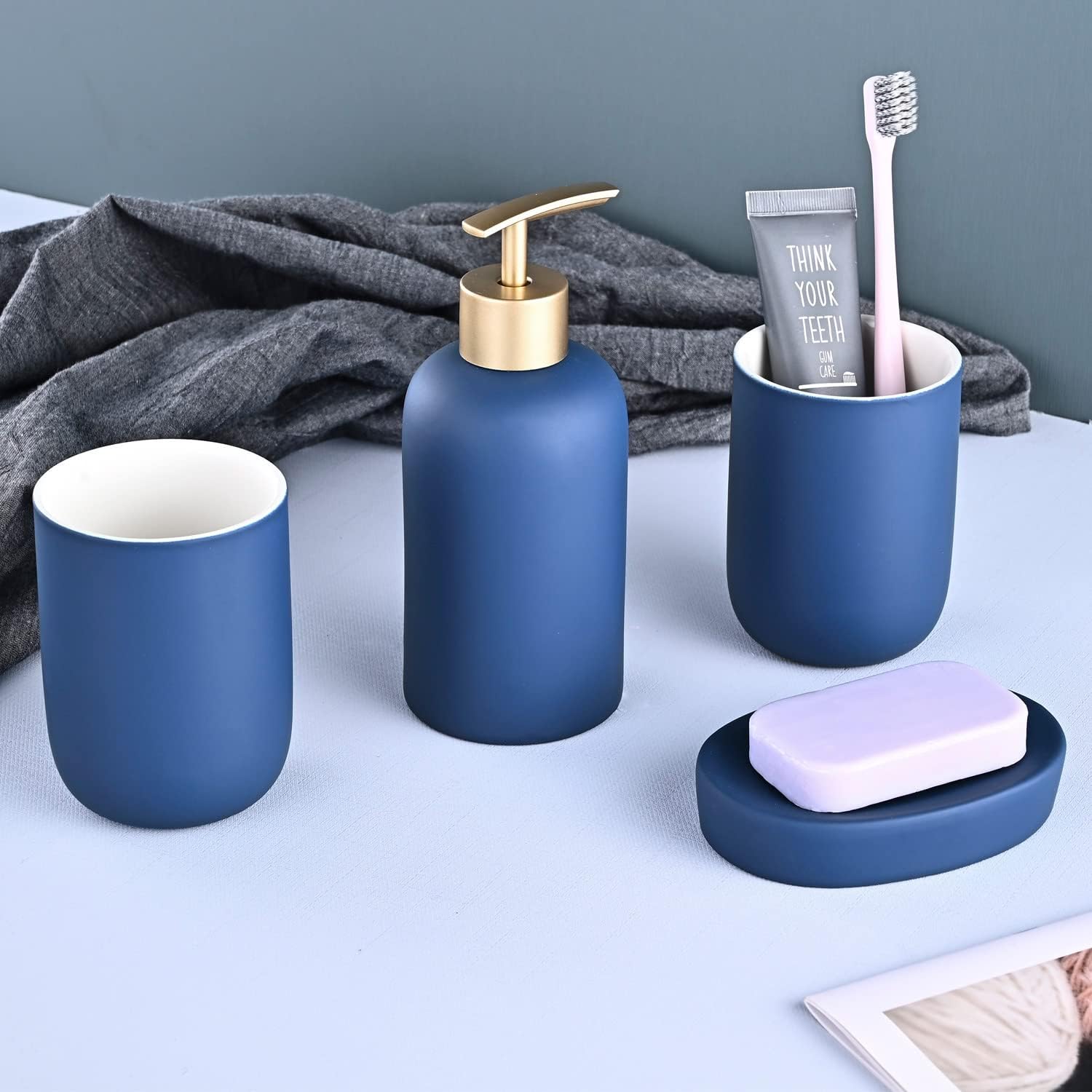 Blue Bathroom Accessory Set 4 Piece, TDYU Ceramic Bathroom