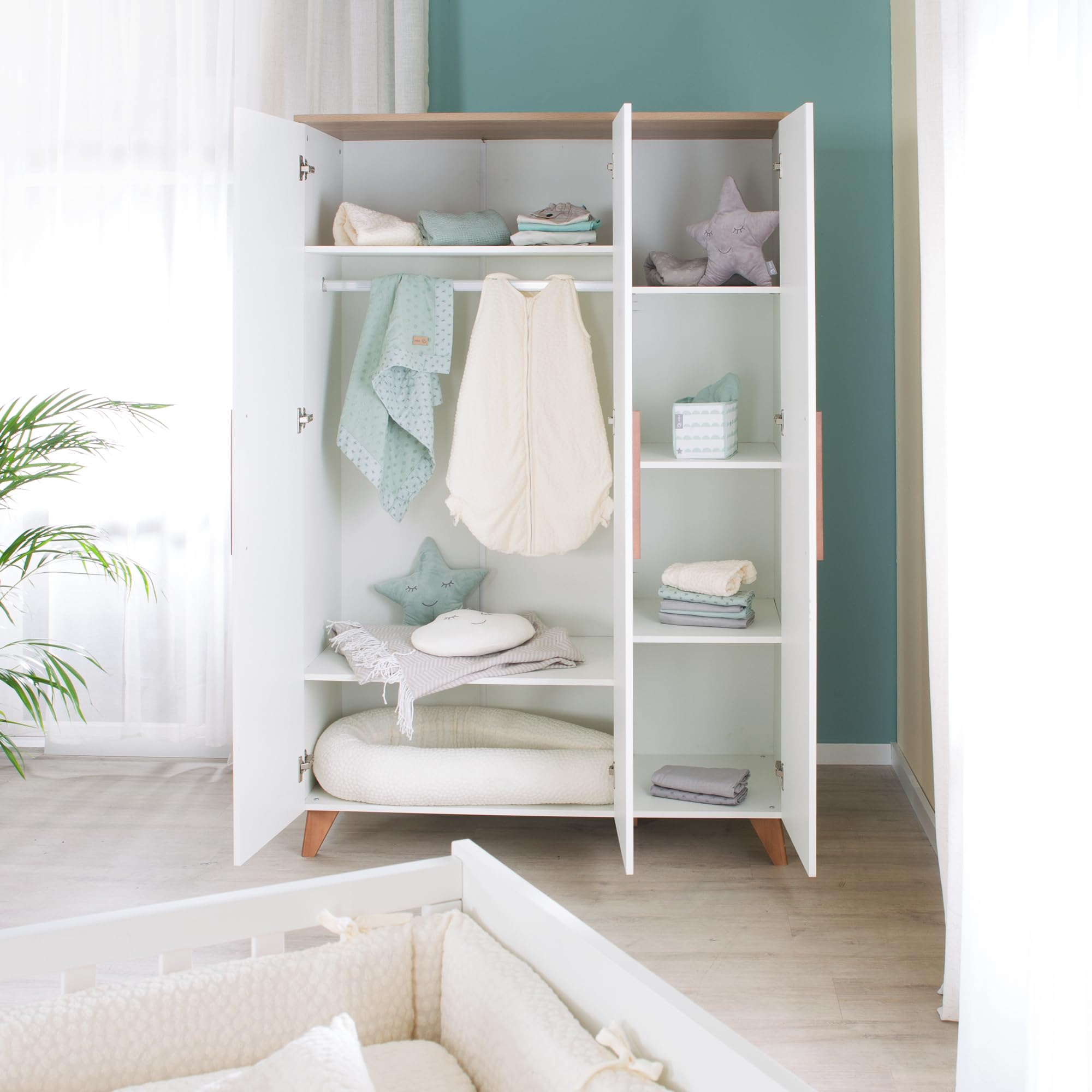roba Set per cameretta bambini 3 pezzi Lettino 70x140 cm convertibile fasciatoio 3 cassetti armadio bambini Maniglie piedi legno massello Bianco rovere scuro