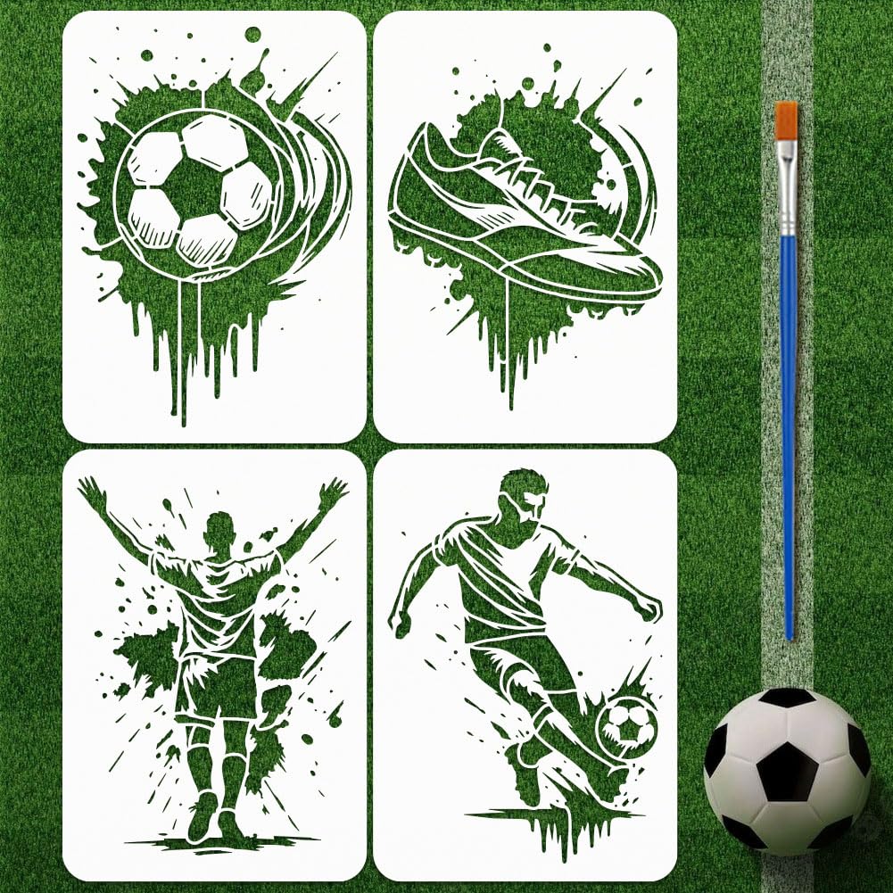 FINGERINSPIRE 4Styles Graffiti Soccer Pattern Stencils with a Brush 29.7x21cm 4 Styles Athletes Painting Stencils Soccer Shoes Stencil PET Sports Themes Template for Wood Floor Wall Tile Fabric
