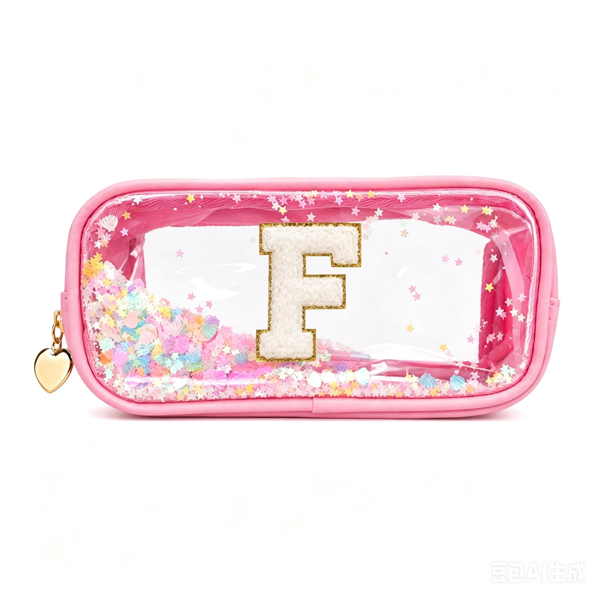 YCDKK The 26 Letters Clear Pink Pencil Case for Girls, Small Cute Transparent Pencil Case with A-Z Initial Design for School & Office, Portable Exam Zipper Pouch for Students, Teens & Women (F)