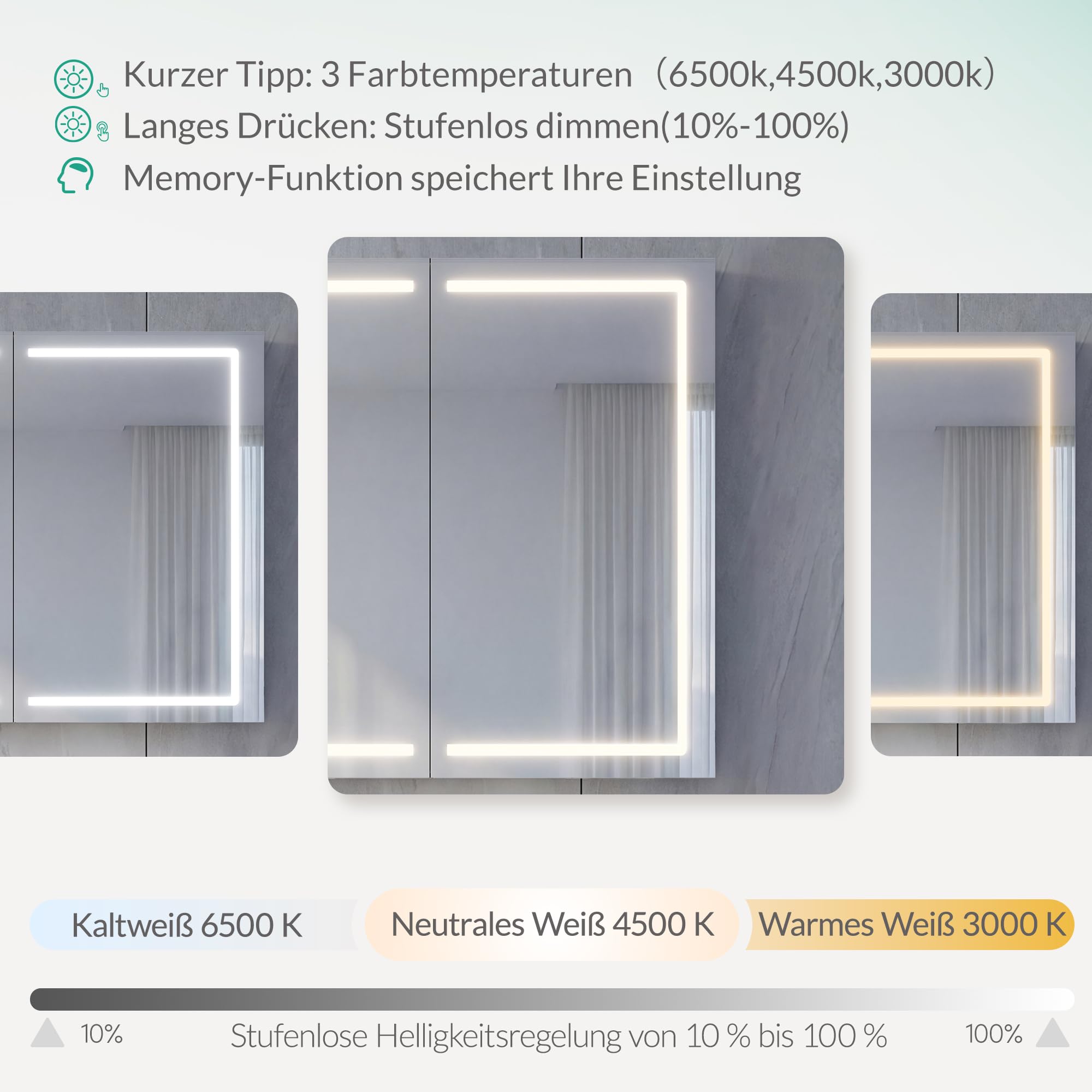 Spiegelschrank Bad mit Beleuchtung Vormontiert 60x70x14cm Steingrau