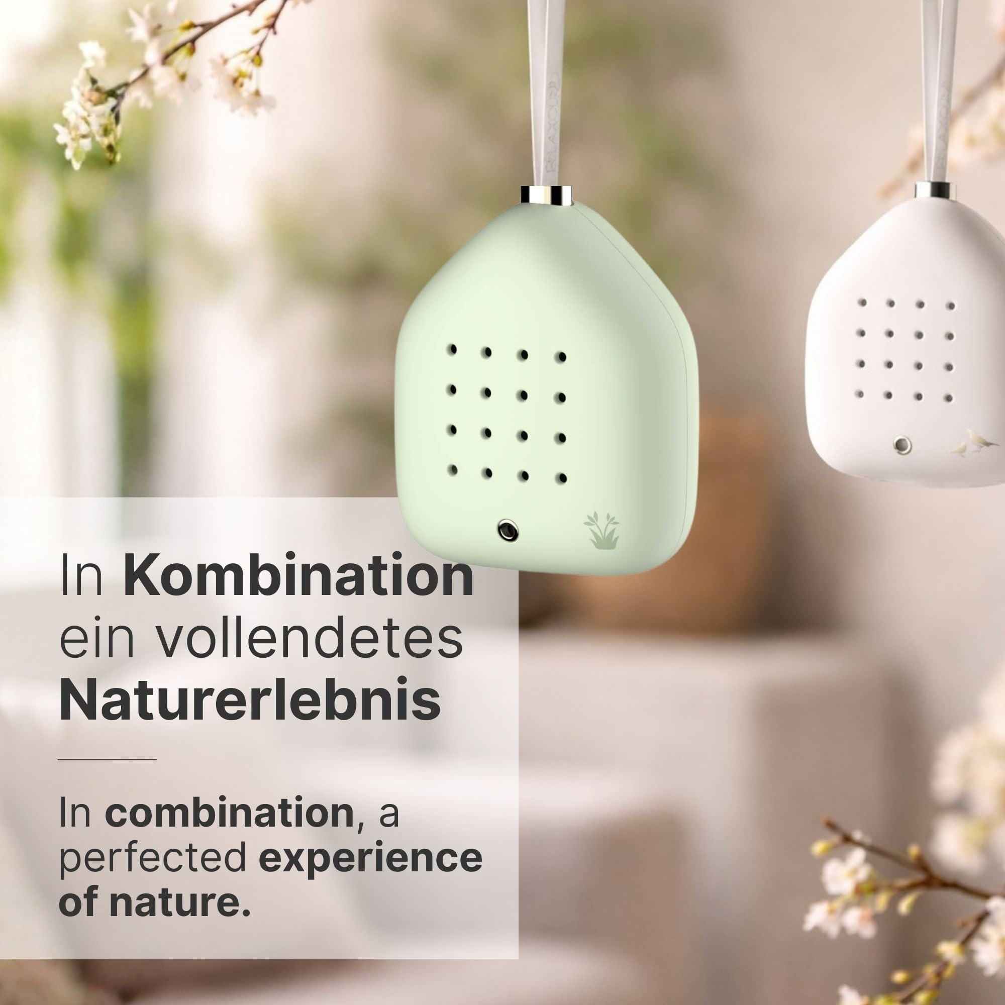 RELAXOUND Lily Bells – Dekorativer Klanghänger mit Bewegungsmelder, sanftes Vogelgezwitscher, Chimes & Wasserklänge – Entspannung für Zuhause, stilvolle Geschenkidee - Mossling - Grün (Pastell-Grün)