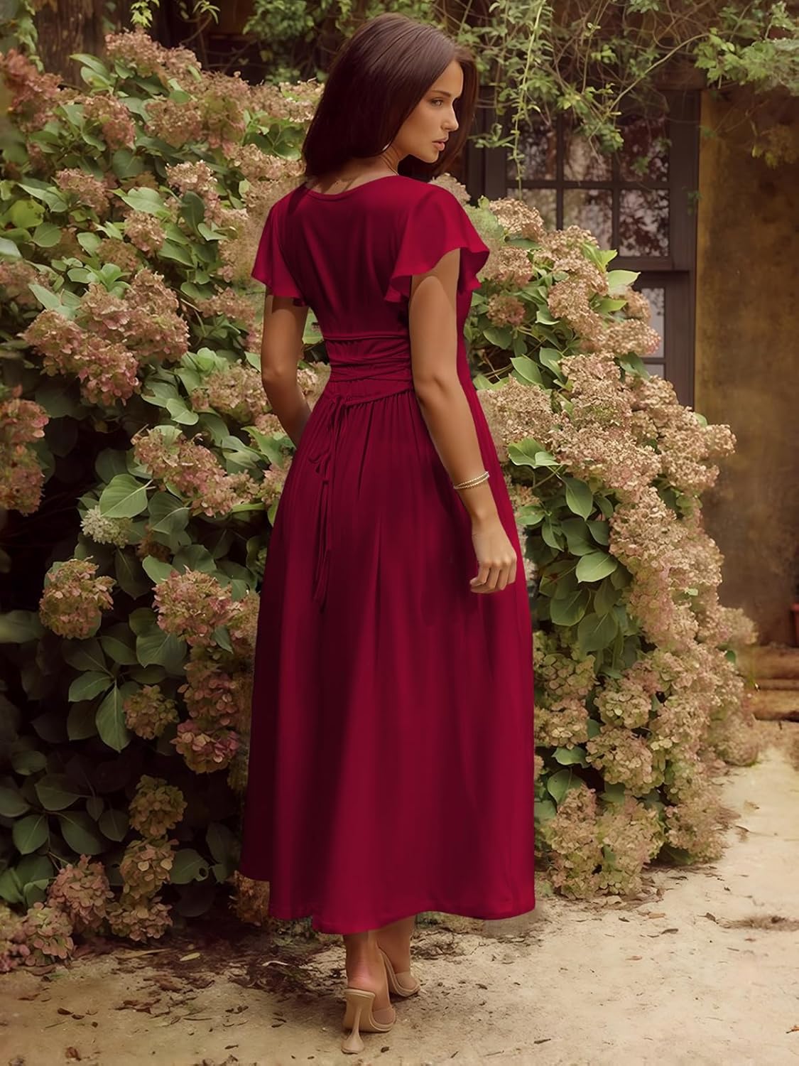 YUNDAI Women's Scoop Neck Flutter Sleeve Midi Dress Elegant Flowy A Line Tie Back Dress - Image 3