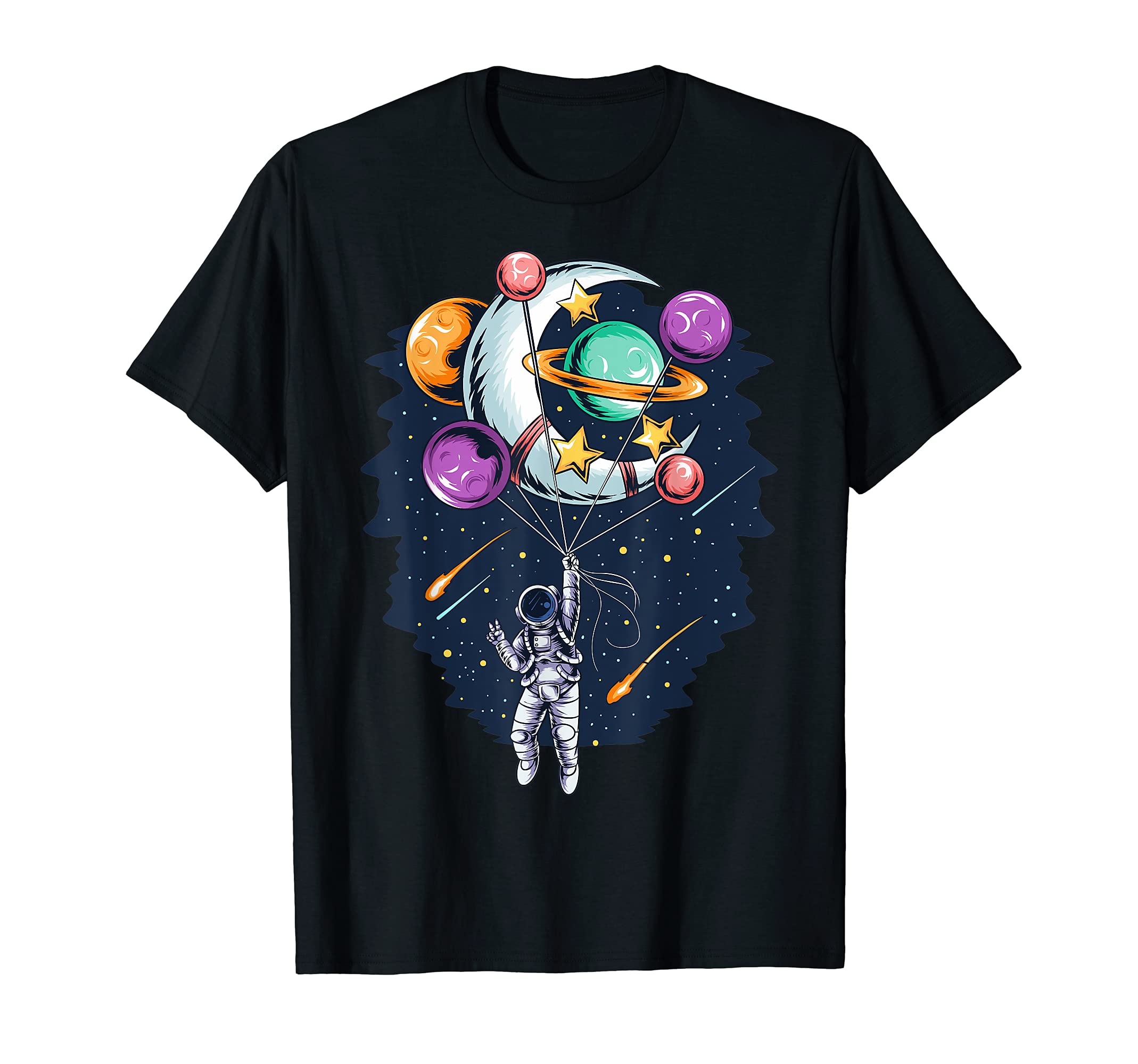Space Astronaut Flying Holding Planet and Moon Balloons T-Shirt, Black