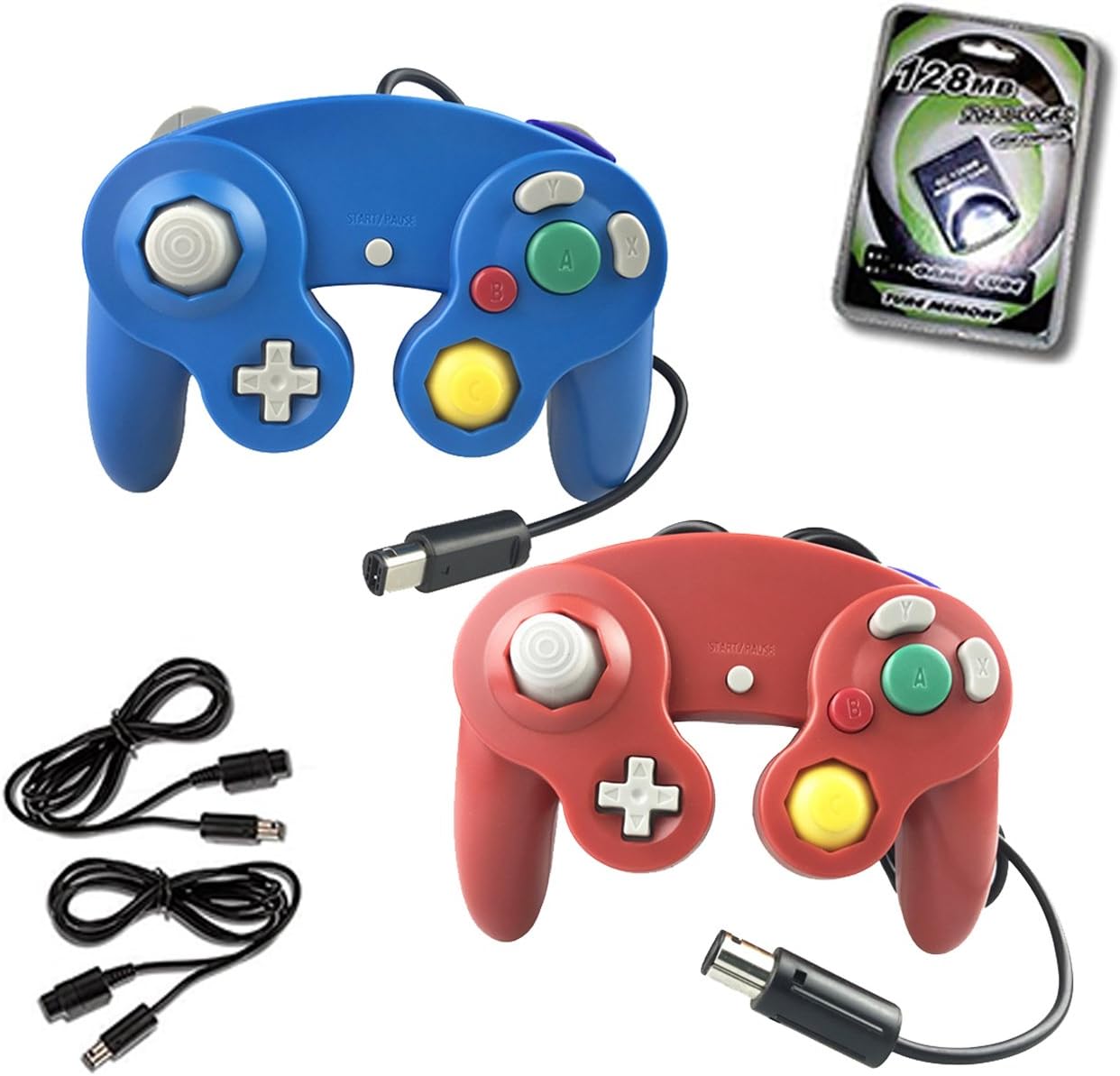 2 Pack Wired Controller for NGC Wii Video Game,with 2 Cable and 128MB Memory Card(Blue and Red)