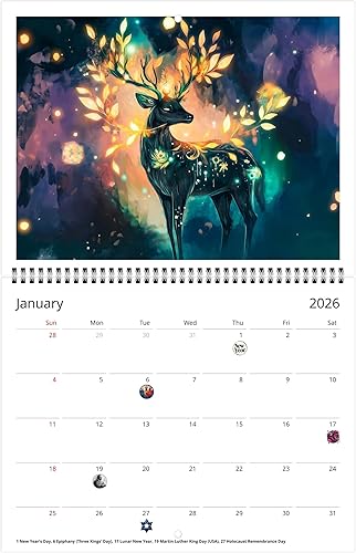 Miniatura 5 de Calendario de pared de crepúsculo místico 2026 - Paisajes de ensueño encantadores con vacaciones (clásico de plegado medio, grande de 11 x 17