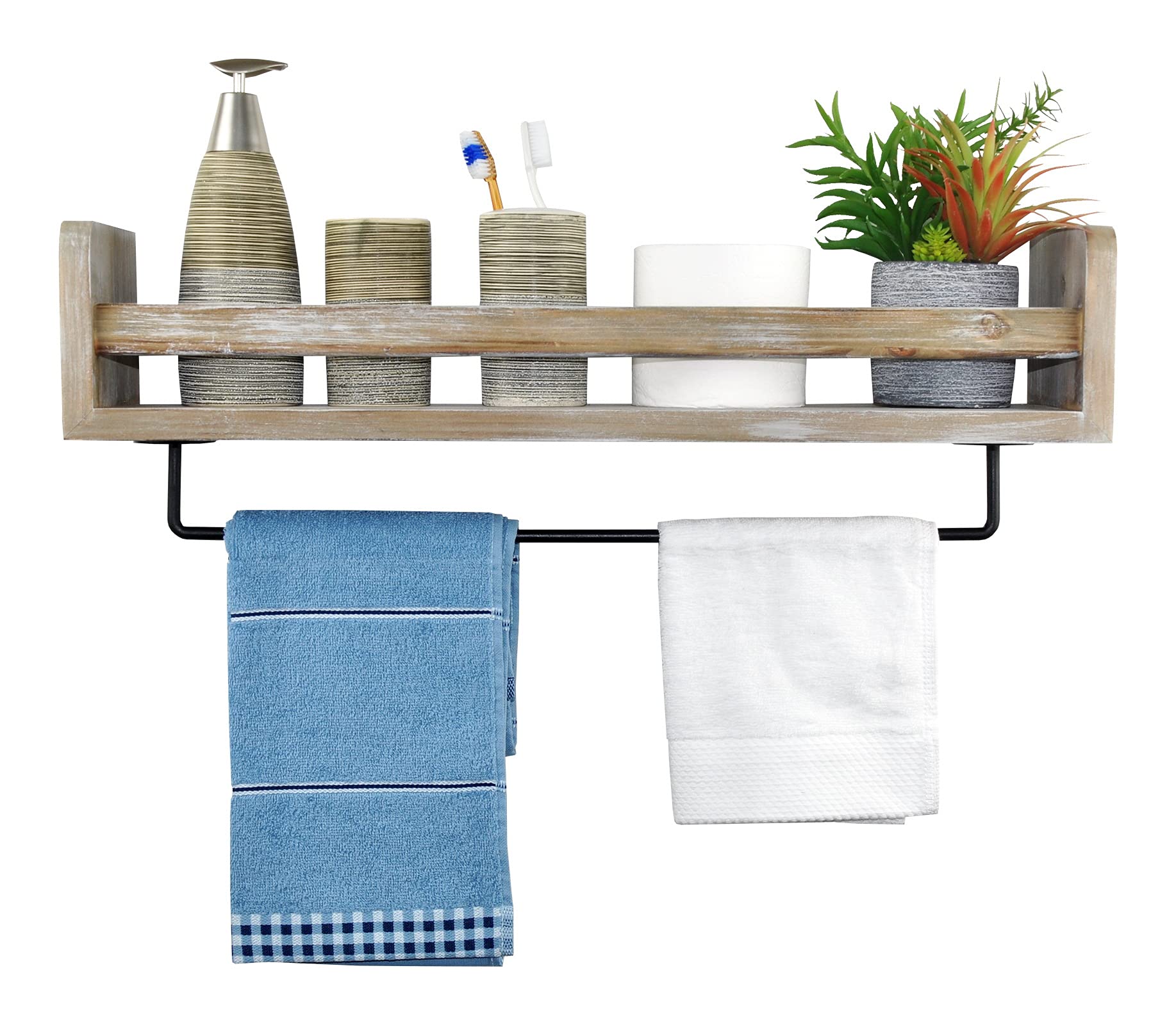 Spiretro24 inch Wall Mount Floating Shelves with Rail, Solid Torched Wood & Espresso Black Metal Towel Bar to Storage Organize and Display for Living Bedroom Kitchen Bathroom Closet- Rustic Gray