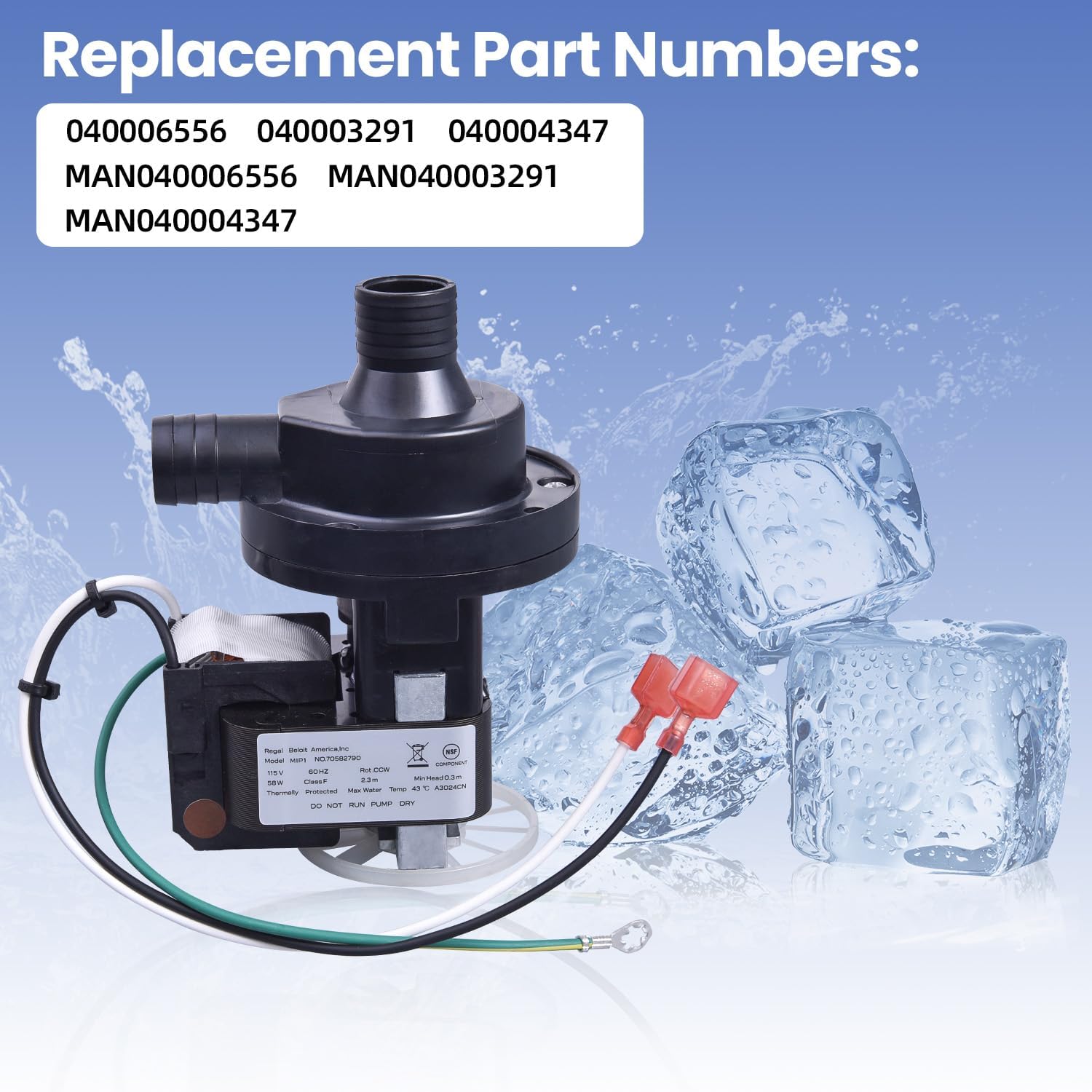 040006556 Ice Water Pump kit 115V 60HZ 1PH Replace Numbers 040003291, 040004347, MAN040006556, MAN040003291, MAN040004347 Compatible Ice Machine Models: UD0140A, UD0140AE, UD0140W and more