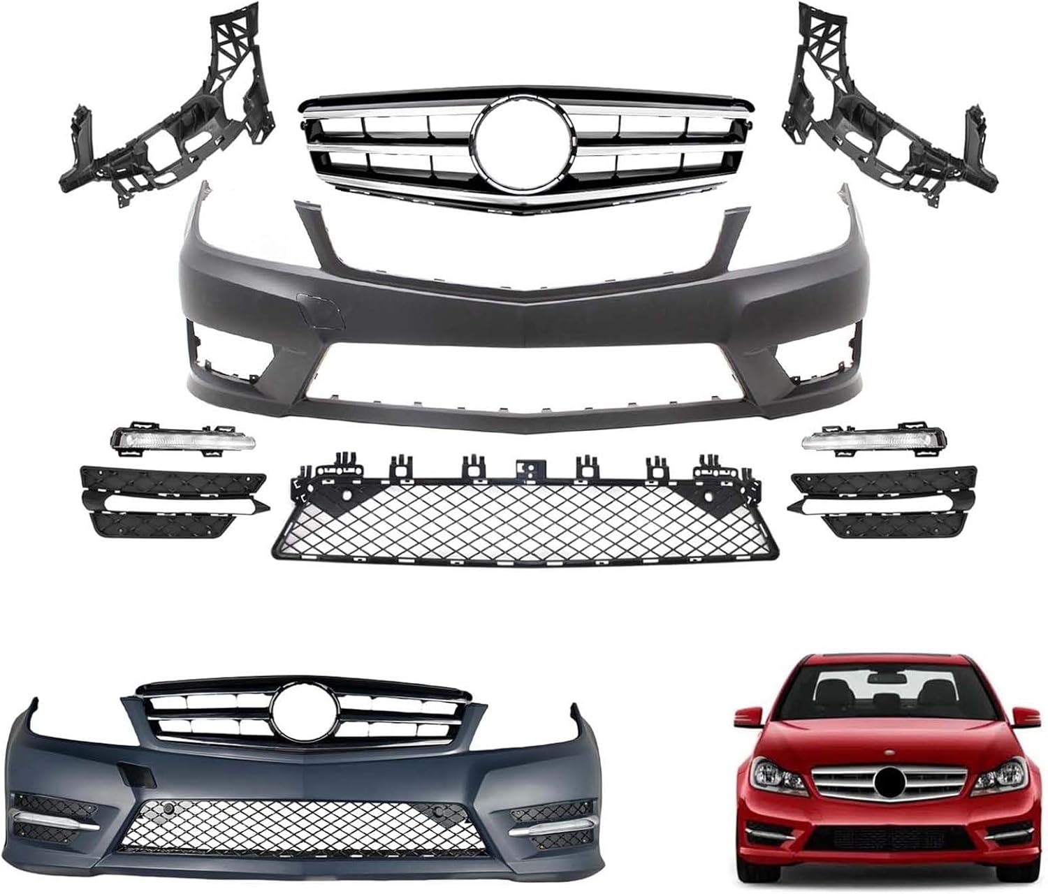 AMG style Front Bumper Cover Grill Kit w/Daytime Running Lights DRL For 2012 2013 2014 2015 Benz C250 C300 C350 Base/4Matic/Luxury/Sport Sedan,w/o Sensor Holes, w/o Side Marker Light Holes