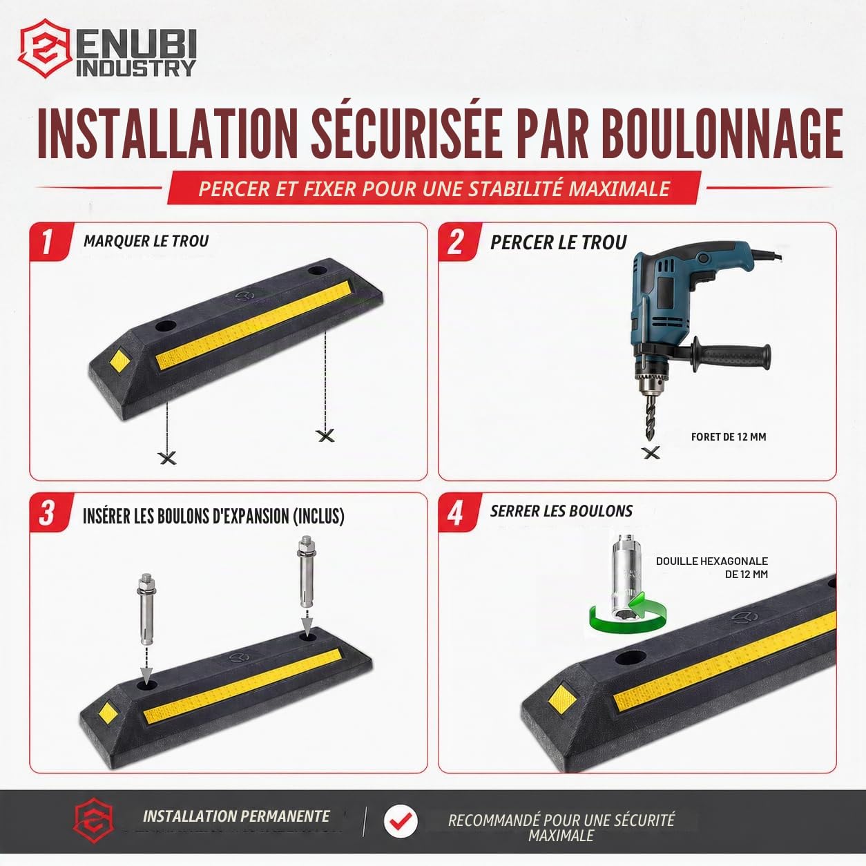 Lot de 2 bordures en caoutchouc noir très résistantes avec bandes jaunes réflectives, butées de roue pour voiture, camion, camping-car, remorque et garage - Qualité professionnelle