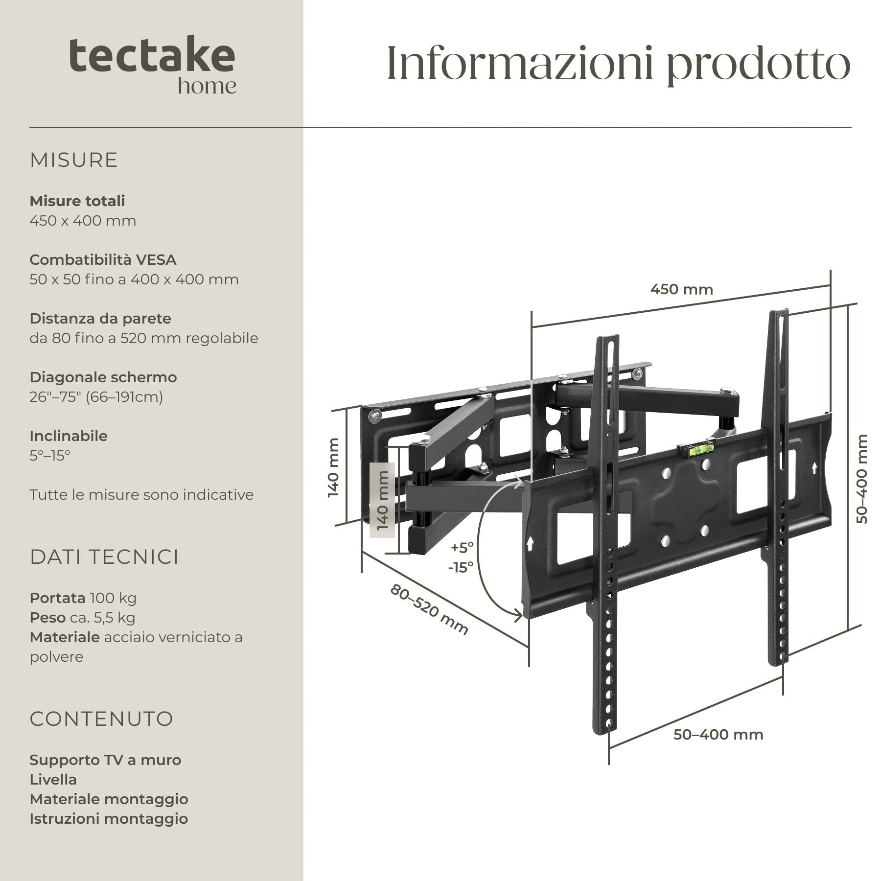tectake® Supporto TV Parete Universale, Staffa Televisione Inclinabile e Girevole Adatto da 26"-75" pollici, braccio monitor per TV 40 pollici, Supporto Televisore VESA da 400x400, Carico Max 100kg