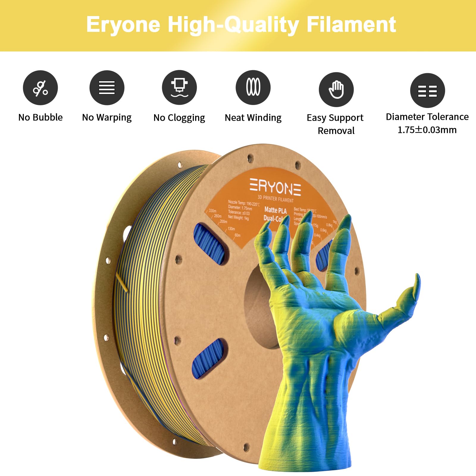 Filamento per stampante 3D PLA bicolore opaco ERYONE 1,75 mm +/- 0,03 mm, 1 kg per stampanti 3D, blu e giallo