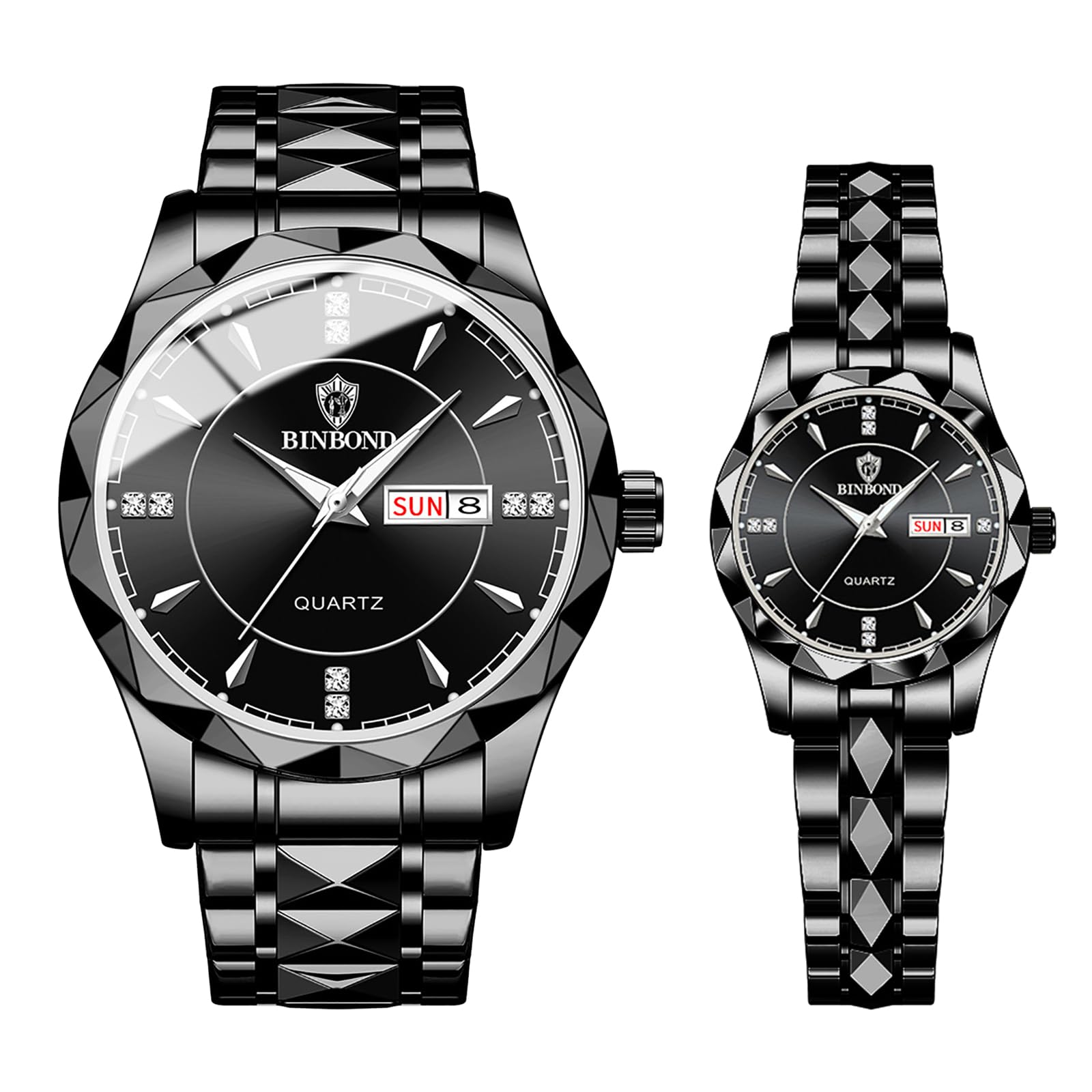 IbohevoCouple Watches Gift Set: His and Her Rhombus Quartz Analog Stainless Steel Luminous Hands Date 3 ATM Waterproof Business Casual Men Women Watch Sets