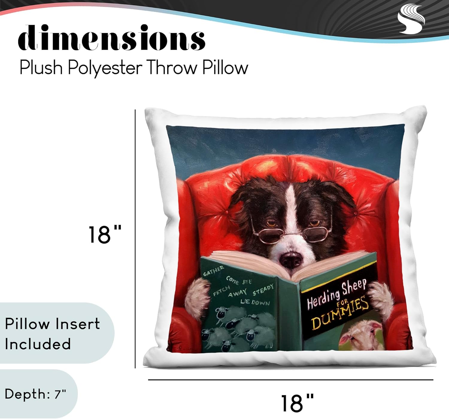 Stupell Industries - Herding Sheep Dog Reading for Dummies Funny Pet Indoor Pillow, 18 x 18 - Made in USA - By Lucia Heffernan