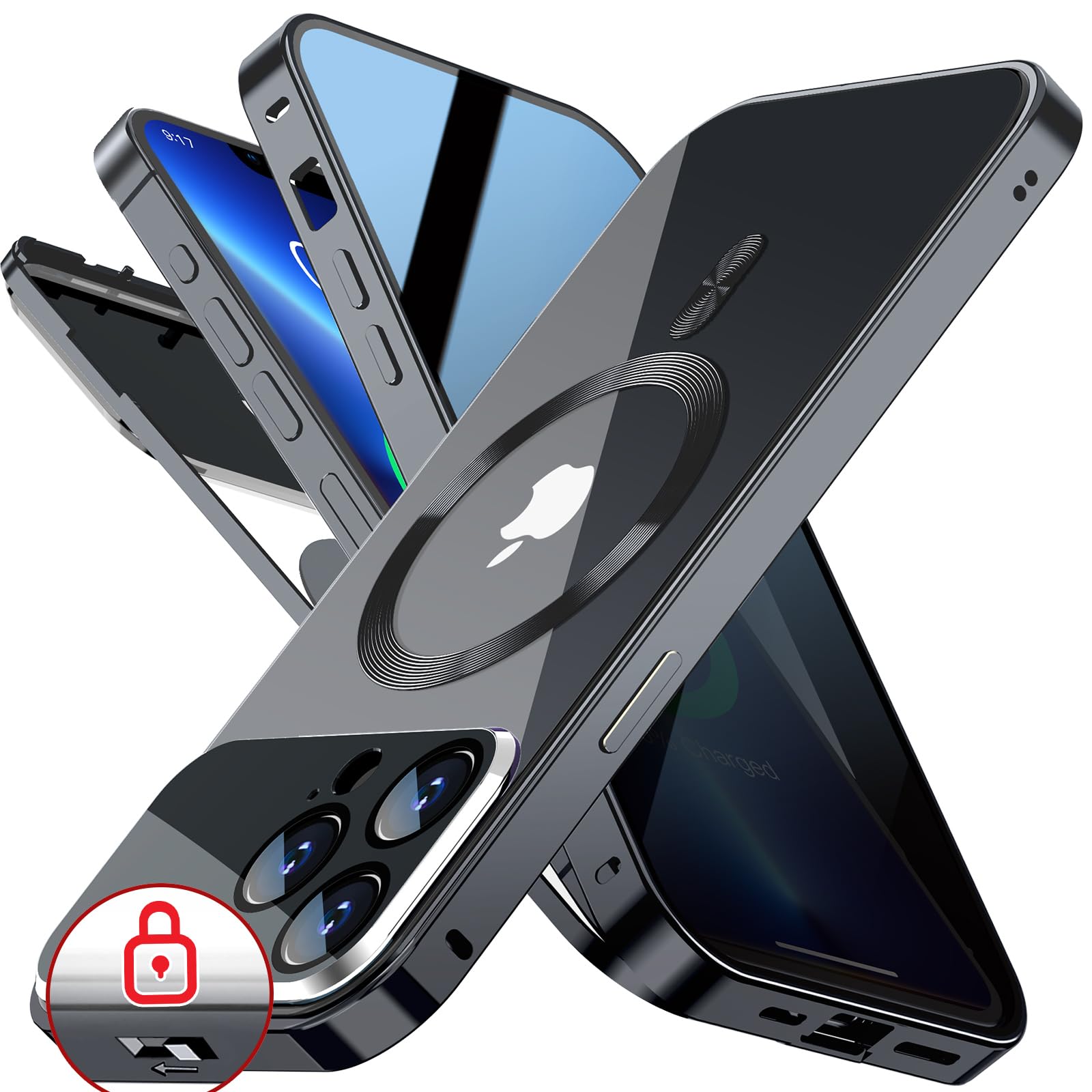 Photo 1 of [Full Camera Protection& Mechanical Lock]Magnetic Privacy Case for iPhone 13 Pro Max[Compatible with MagSafe][CD Metal Ring]Full Body Shockproof Metal Bumper, 9H Anti Peeping Glass Cover-Black