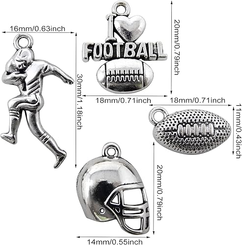 Honbay 80 dijes deportivos de bola de aleación, dije de fútbol, jugador de rugby, colección de dijes para casco, para manualidades, aretes,
