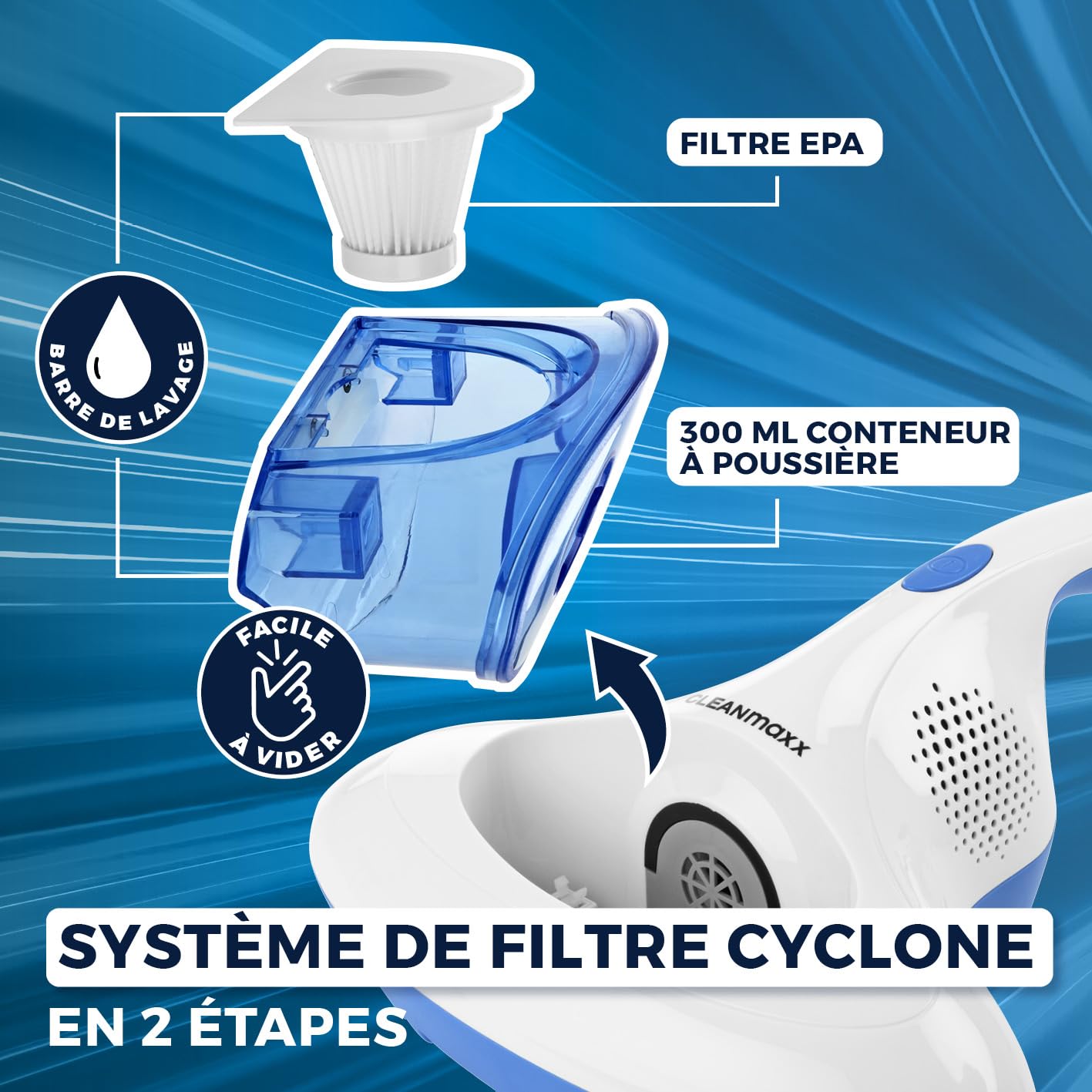 CLEANmaxx aspirateur à acariens avec lumière UV-C stérilisante | Aspirateur à Matelas avec Filtre HEPA, détruit 99,9% de Tous Les acariens | Nettoie et désinfecte en Une Seule étape