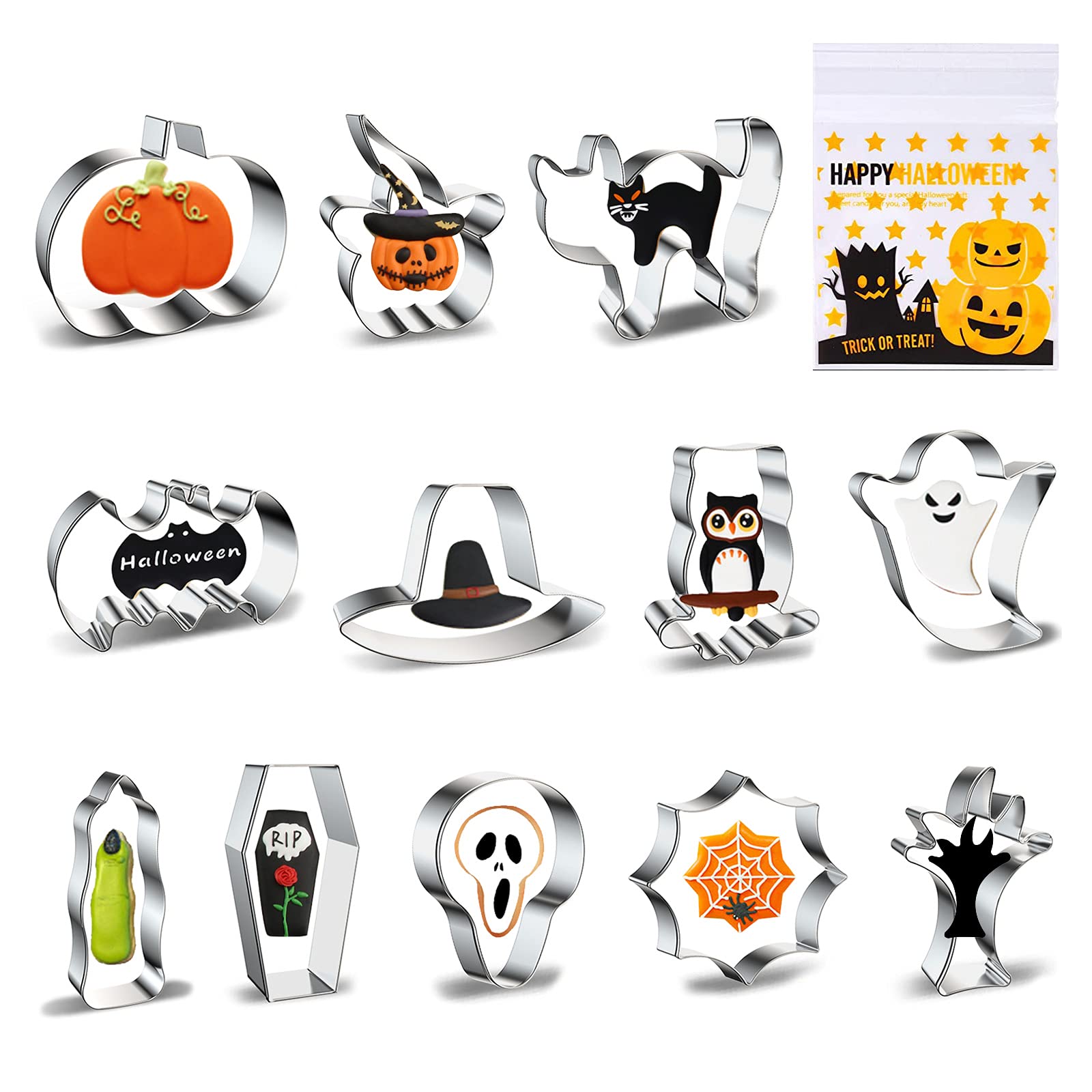 Halloween Cookie Cutters Shapes Set, 12 PCS Pumpkin, Bat, Ghost, Cat Stainless Steel Biscuit Cookie Mould Set for Kids DIY Pastry Baking