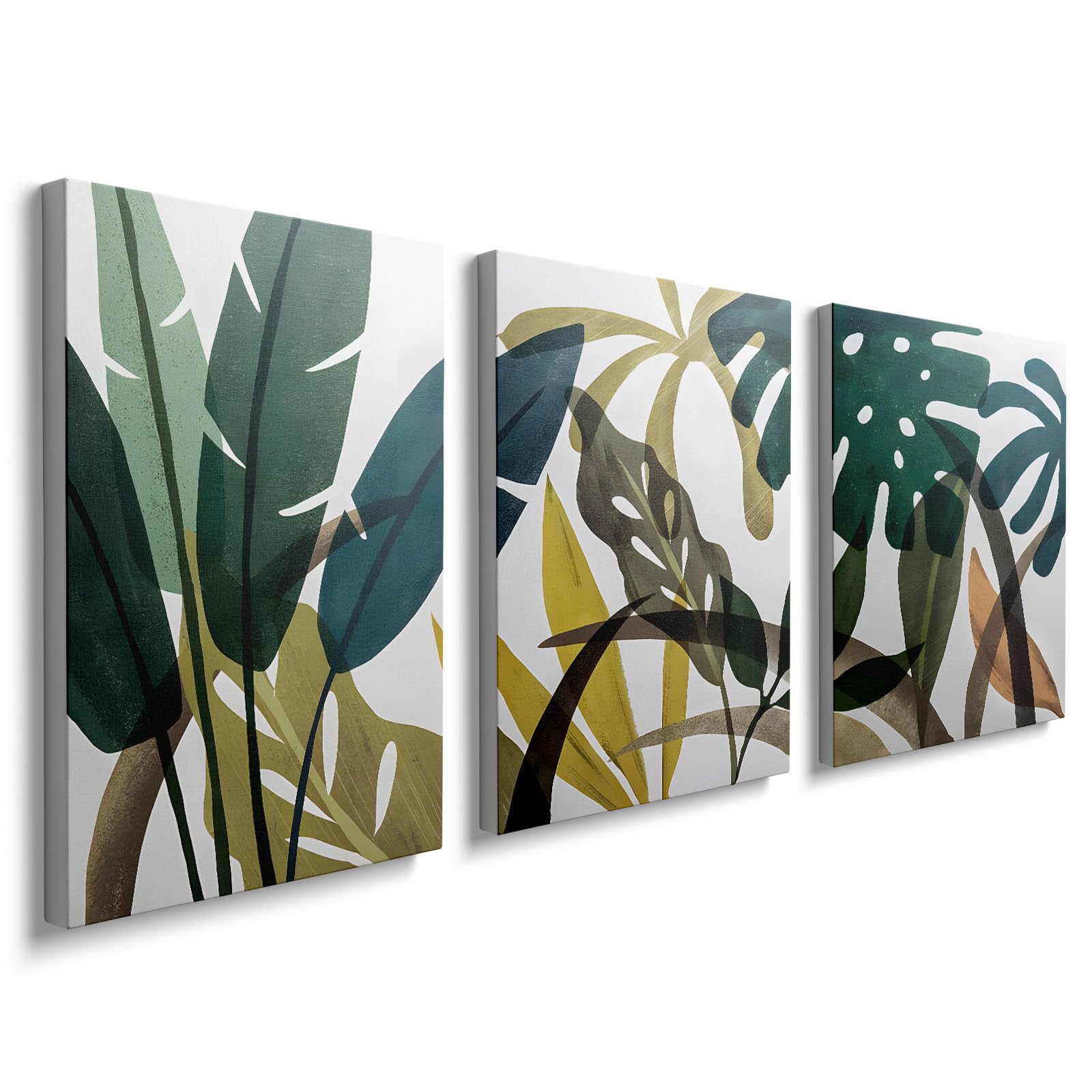 Bedroom Decorations Wooden Framed Gold Leaves Canvas Wall Art Tropical Monstera Palm Leaves Green Plant Painting Poster Canvas Print Pictures for Living Room Hallway Stairs Wall Decor YH1403