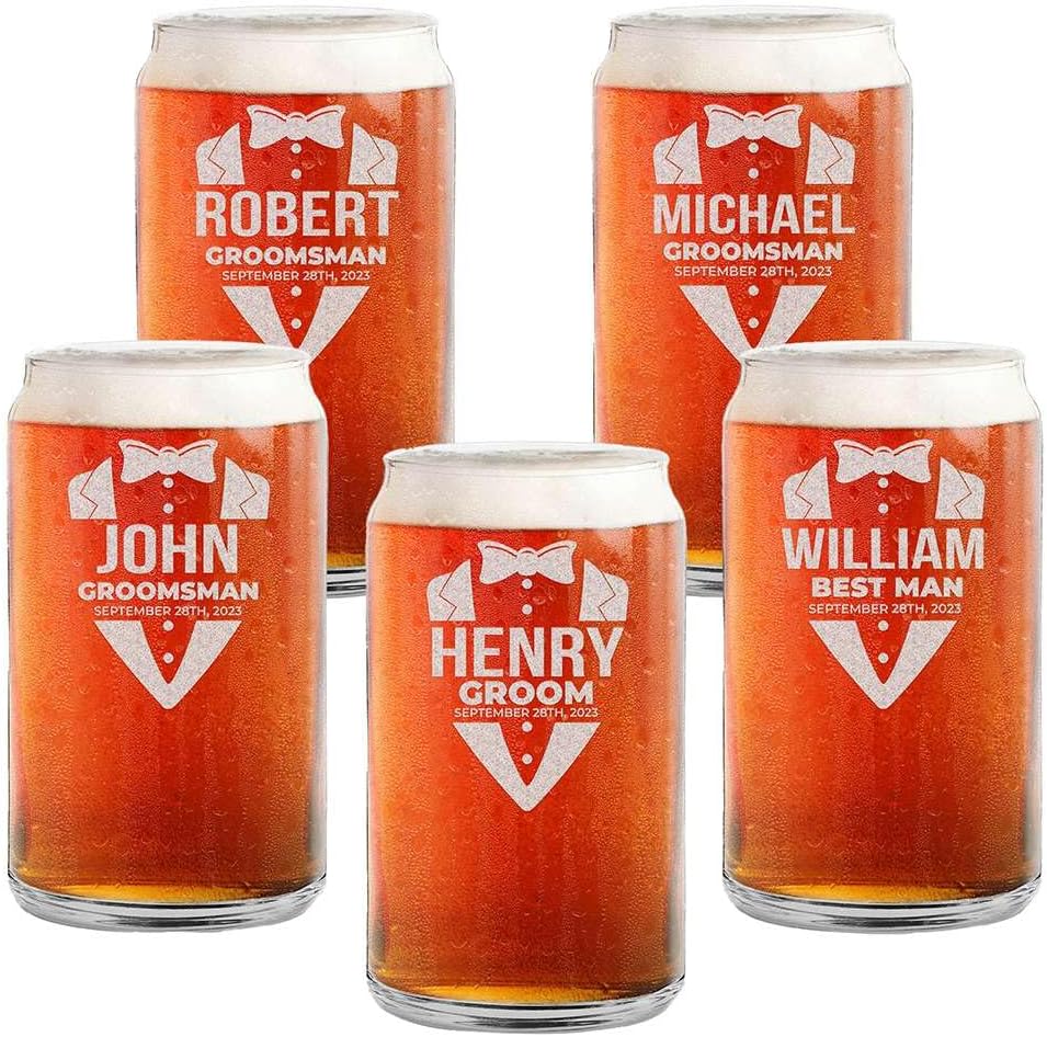 Personalized Custom Groom and Groomsmen Tuxedo Engraved Beer Can Glasses 16 oz. (Set of 7)