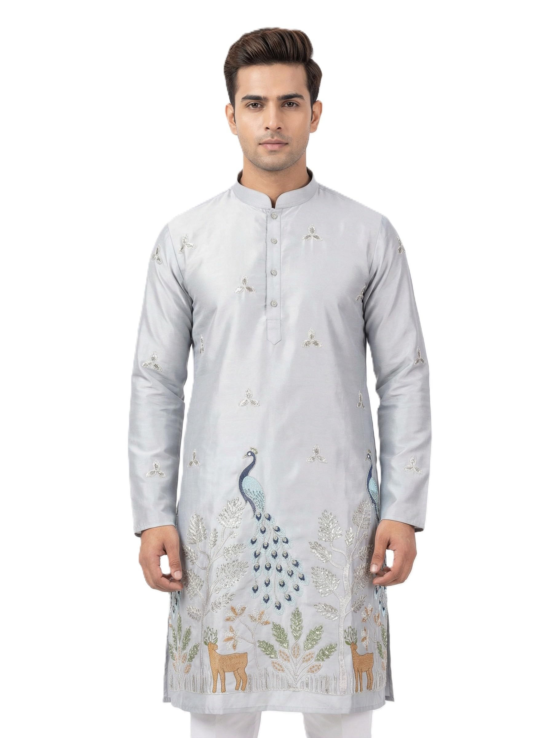 Men’s Satin Kurta with Peacock & Deer Embroidery, Full Sleeve-picture-14