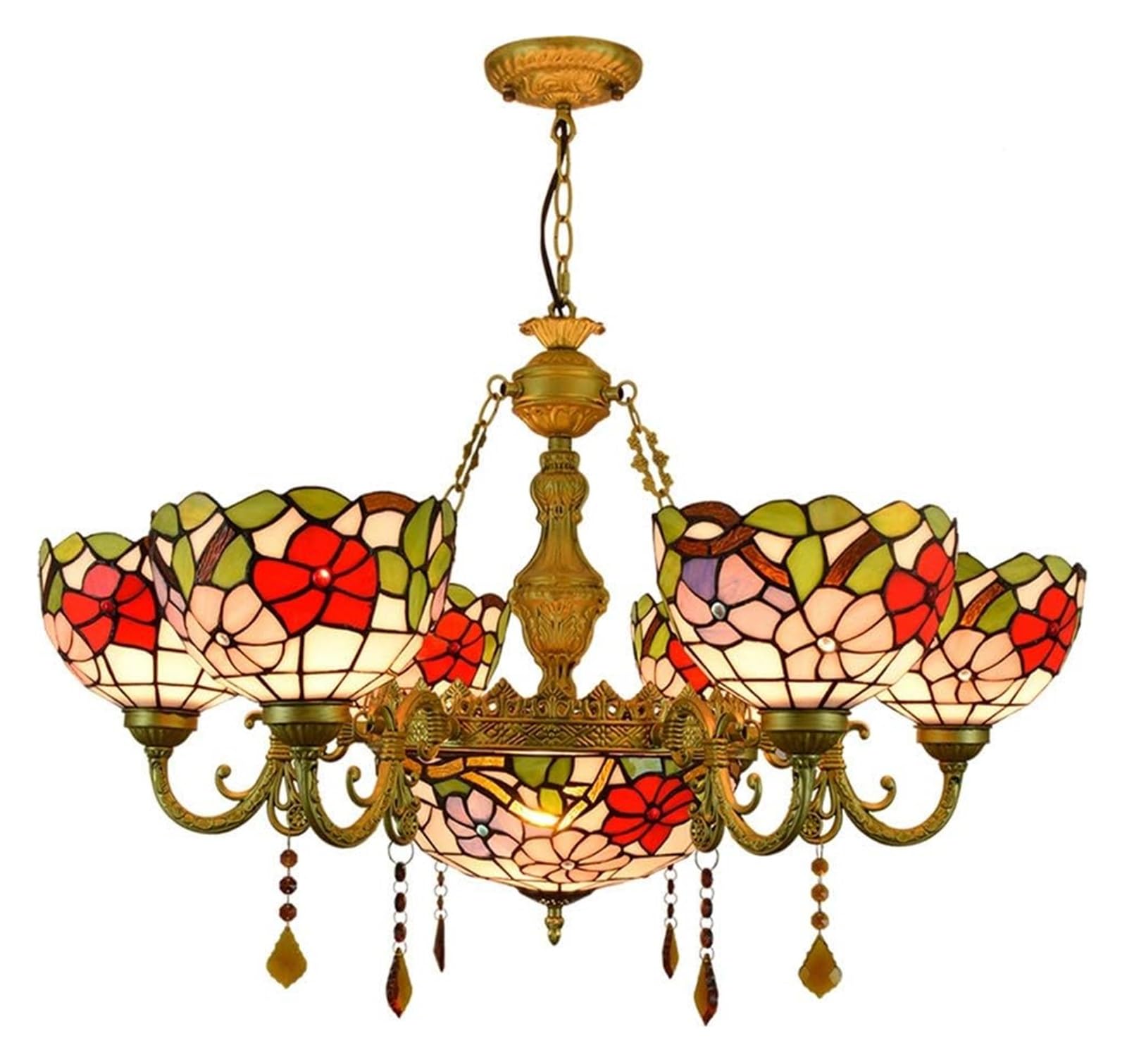METTEOR Ceiling Lamp Ceiling Pendant Light Fixture 32" Tiffany Style Morning Glory Lamp Stained Glass Shades 6 Arms Chandelier With 12 Inches Invert