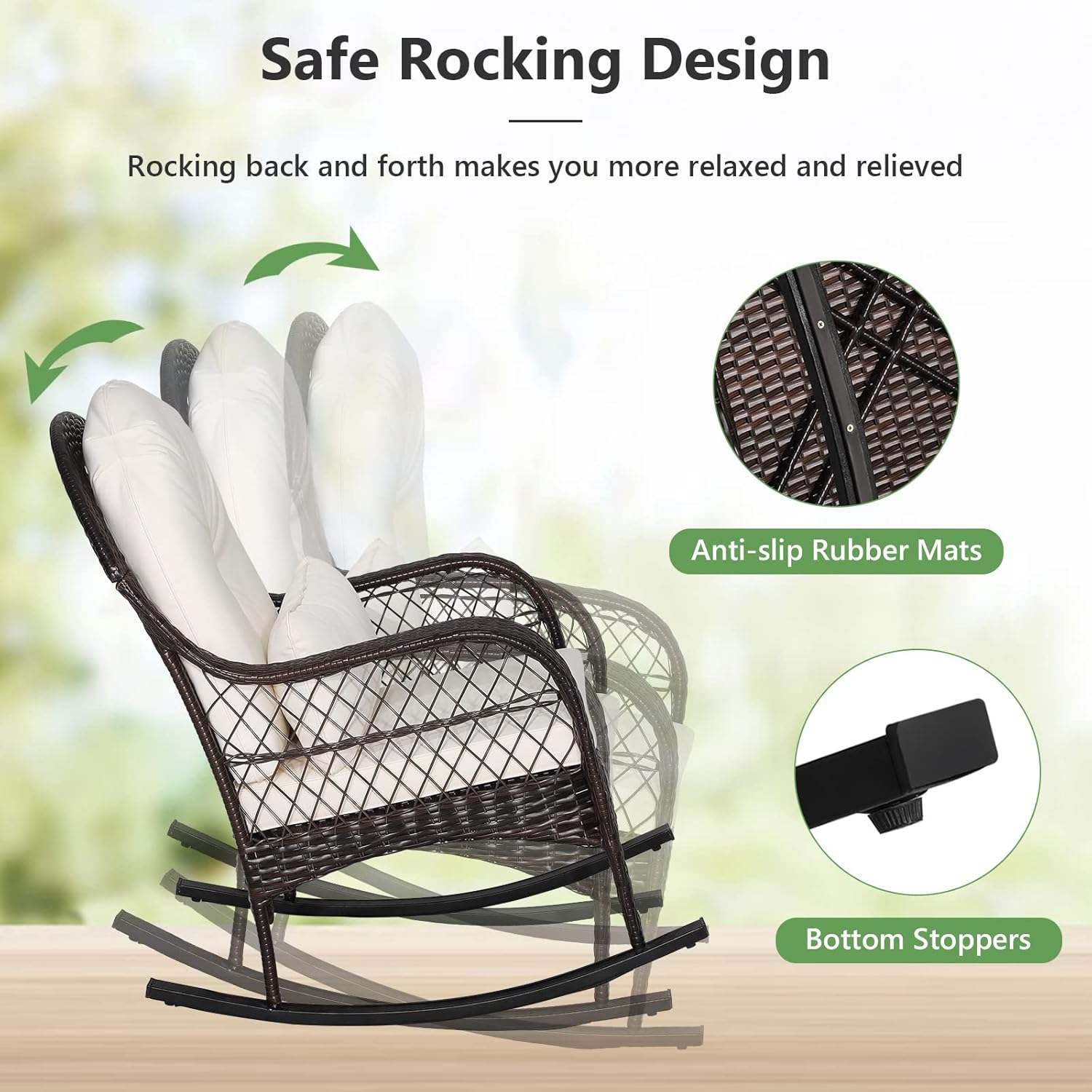 ORALNER Patio Wicker Rocking Chair, Outdoor PE Rattan Rocker with Seat and Back Cushion, Waist Pillow, Armrests, Garden Chair for Porch, Backyard, Poolside, Deck (1, Off White)