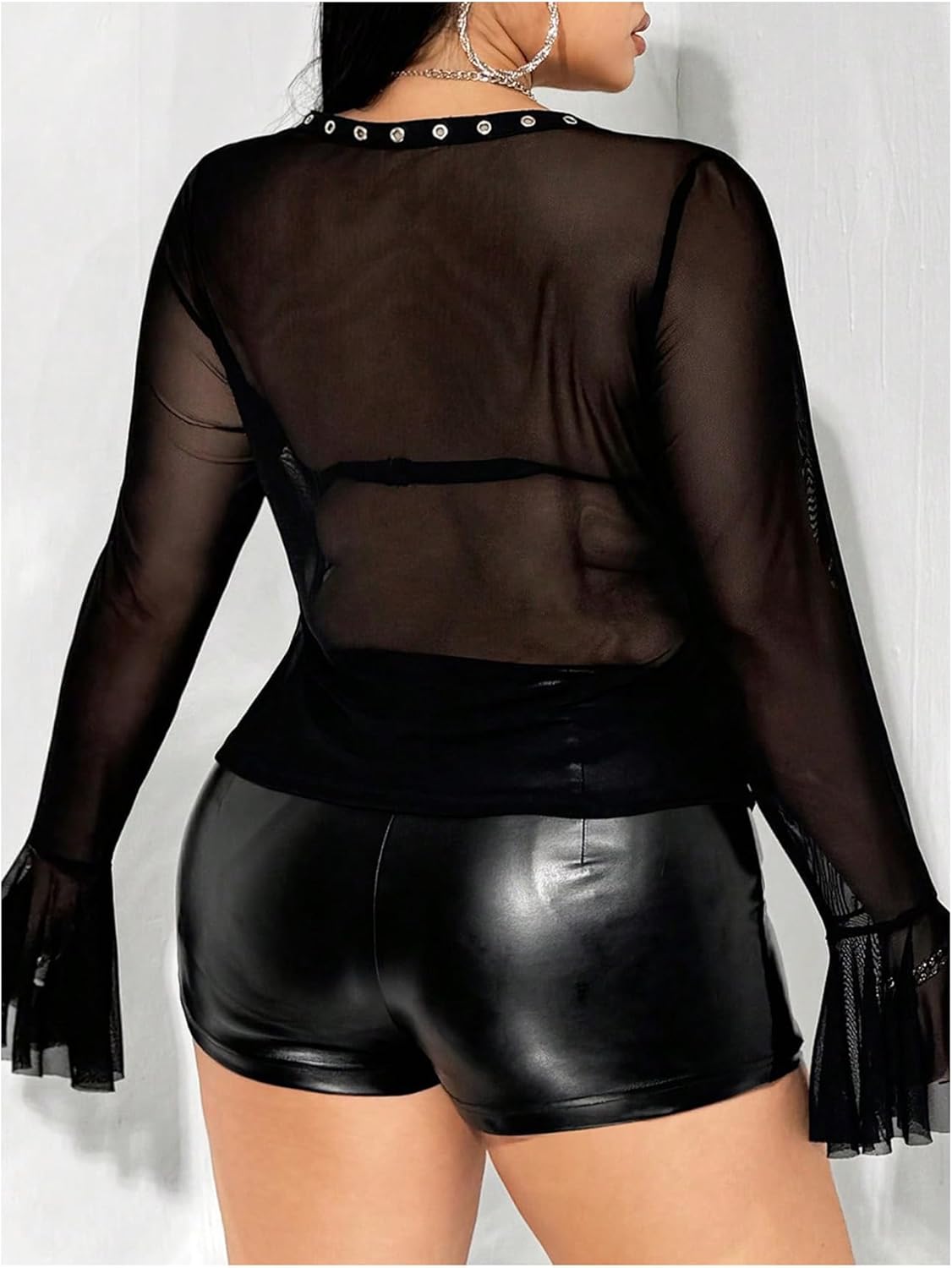 SHENHE Women's Plus Size Y2k Grunge Punk Mesh Shirt Gothic Sheer Lace Up Long Sleeve Party Top - Image 3